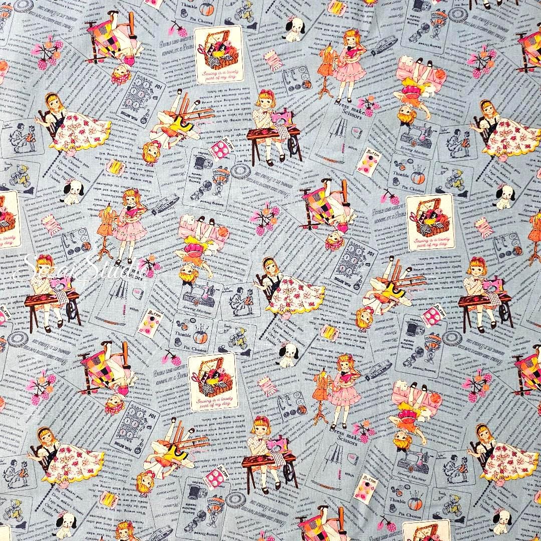 KOKO SEKI Japanese Cotton Fabric: Sewing Girl Collage, Blue - By the yard
