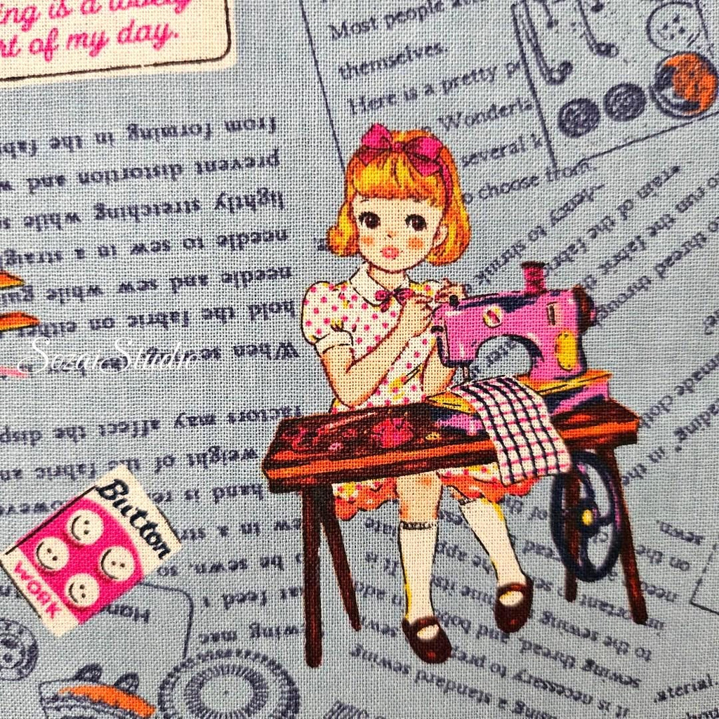 KOKO SEKI Japanese Cotton Fabric: Sewing Girl Collage, Blue - By the yard