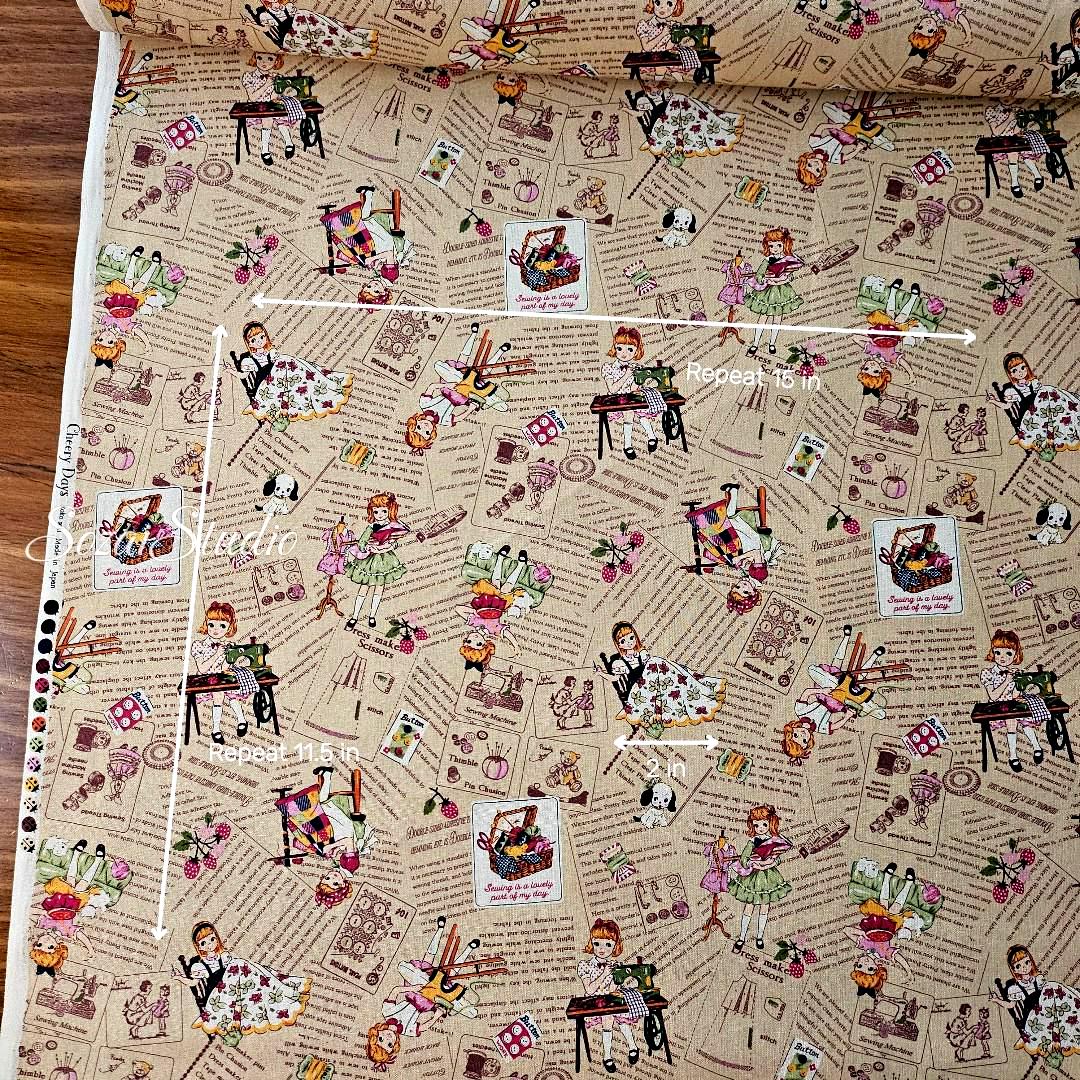 KOKO SEKI Japanese Cotton Fabric: Sewing Girl Collage, Beige, by the yard