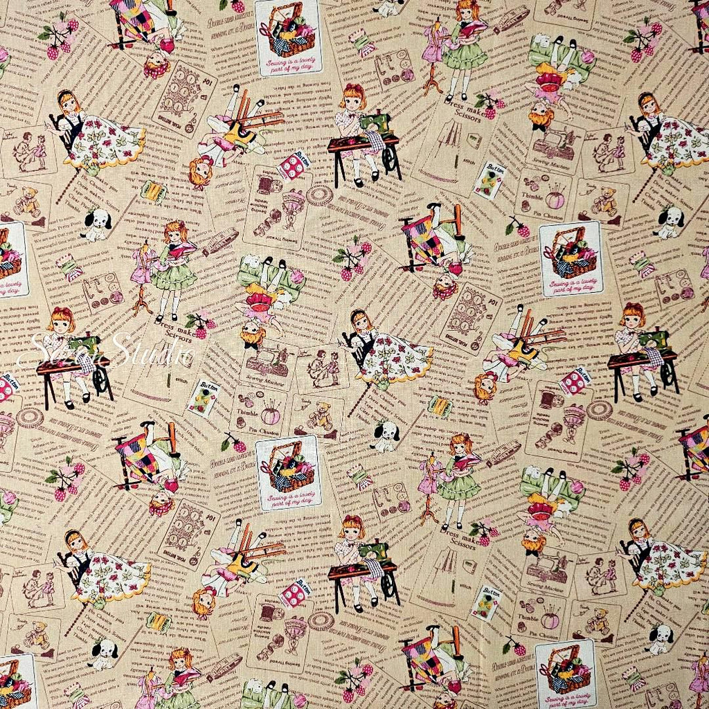 KOKO SEKI Japanese Cotton Fabric: Sewing Girl Collage, Beige, by the yard