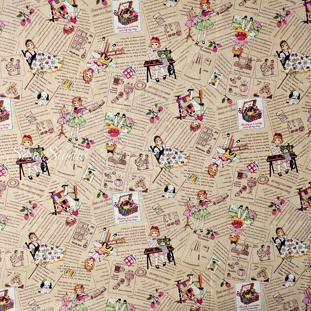 KOKO SEKI Japanese Cotton Fabric: Sewing Girl Collage, Beige, by the yard