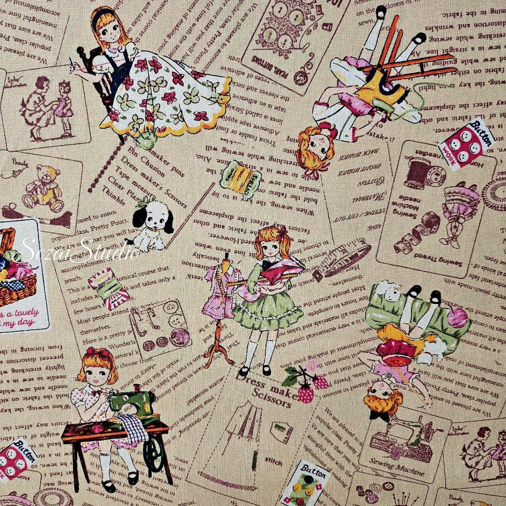 KOKO SEKI Japanese Cotton Fabric: Sewing Girl Collage, Beige, by the yard