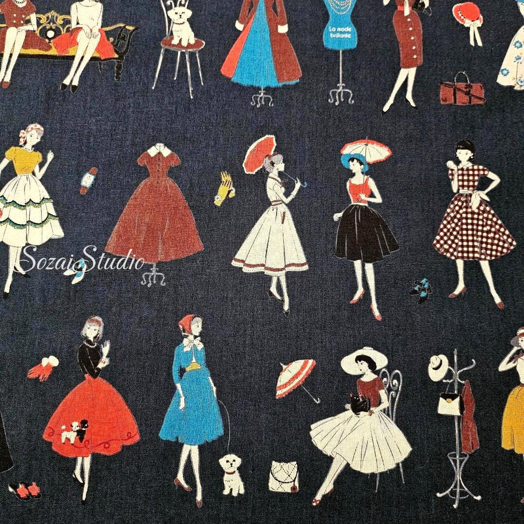 KOKO SEKI Japanese Cotton Fabric: Retro Girls Print, Navy, by the yard