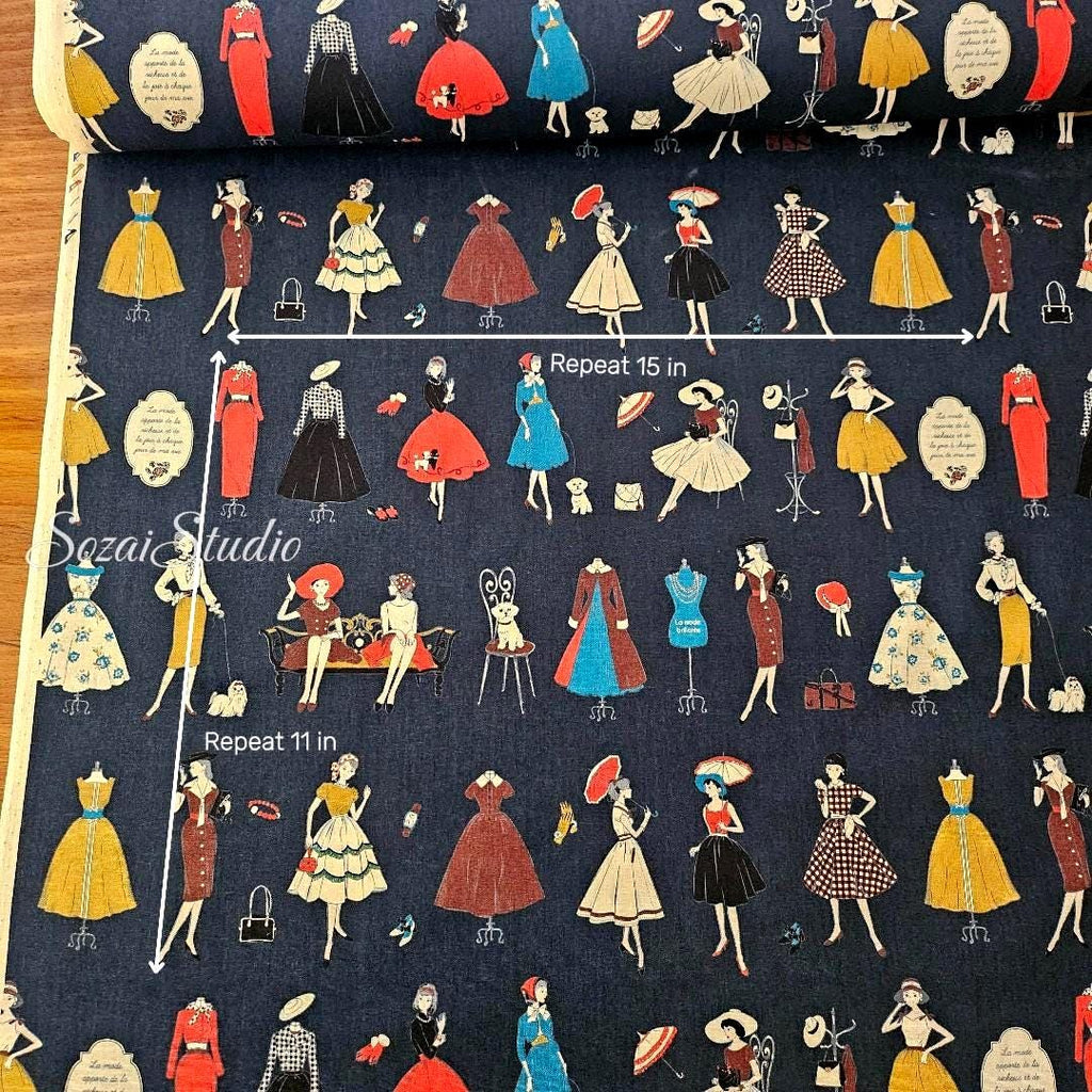 KOKO SEKI Japanese Cotton Fabric: Retro Girls Print, Navy, by the yard