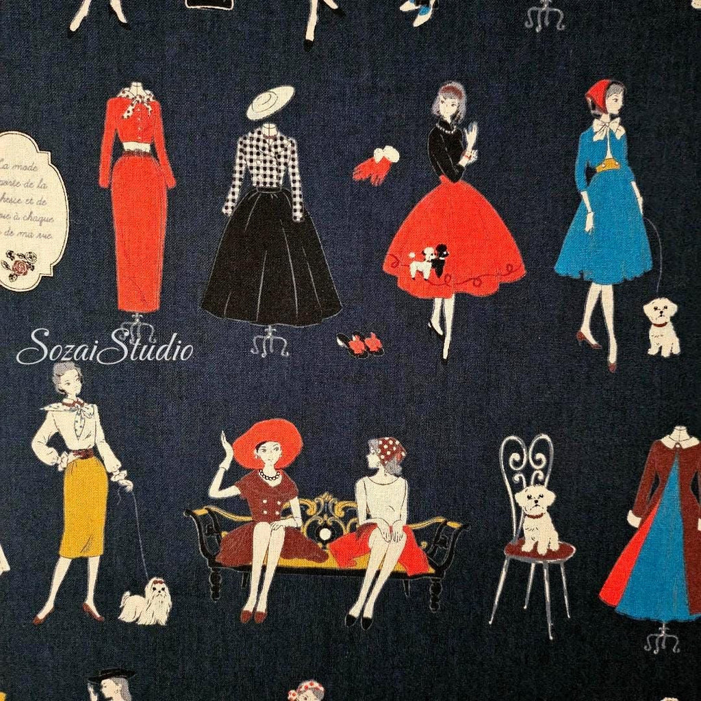 KOKO SEKI Japanese Cotton Fabric: Retro Girls Print, Navy, by the yard