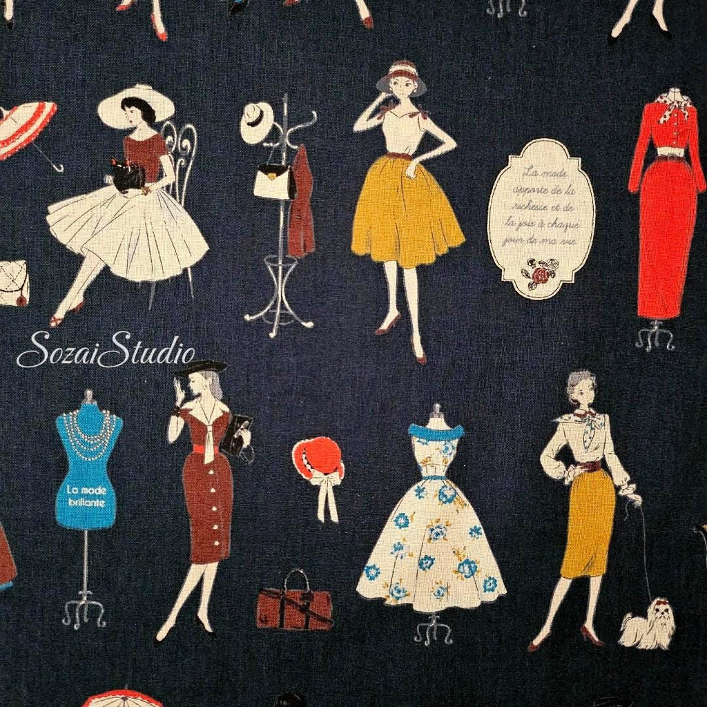 KOKO SEKI Japanese Cotton Fabric: Retro Girls Print, Navy, by the yard