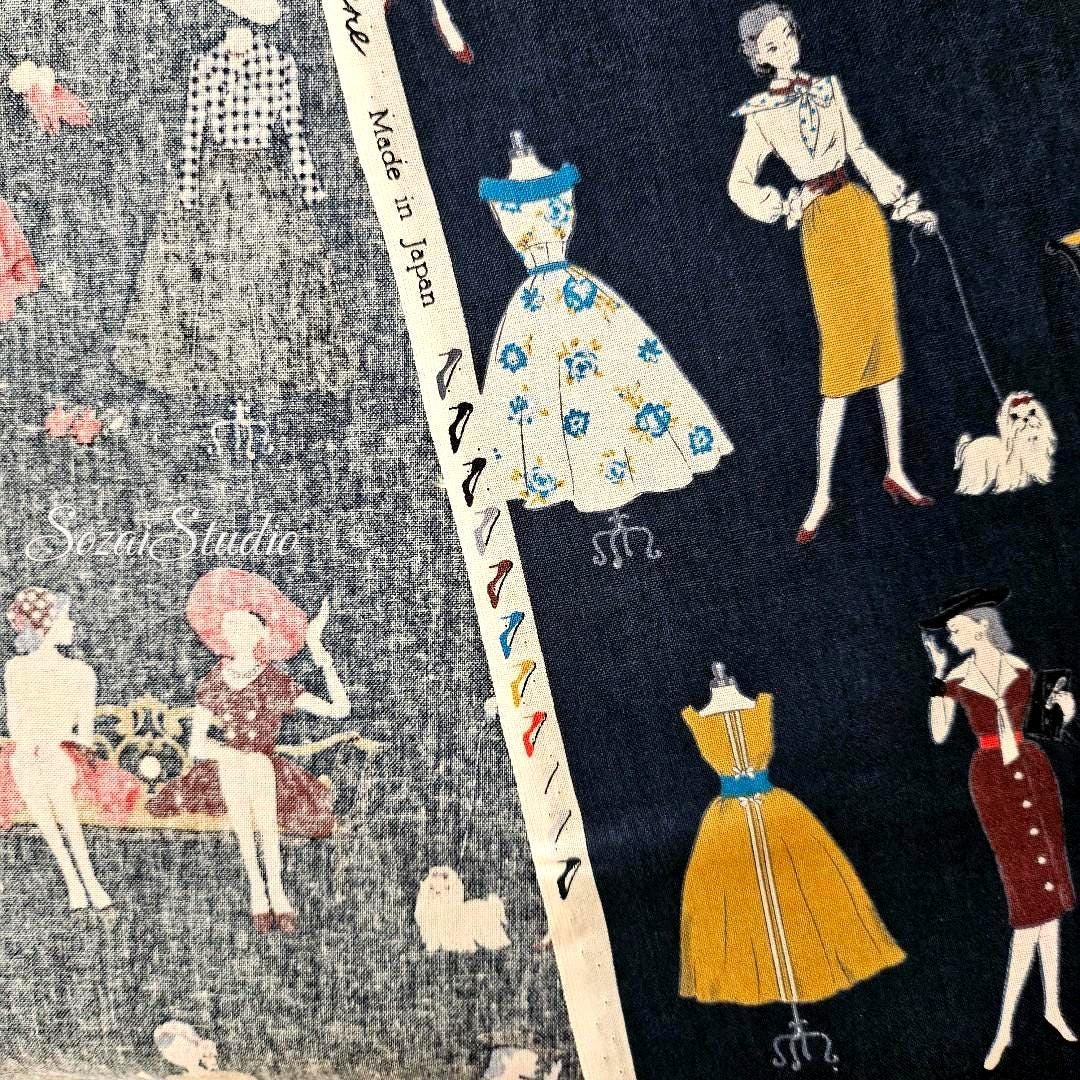 KOKO SEKI Japanese Cotton Fabric: Retro Girls Print, Navy, by the yard