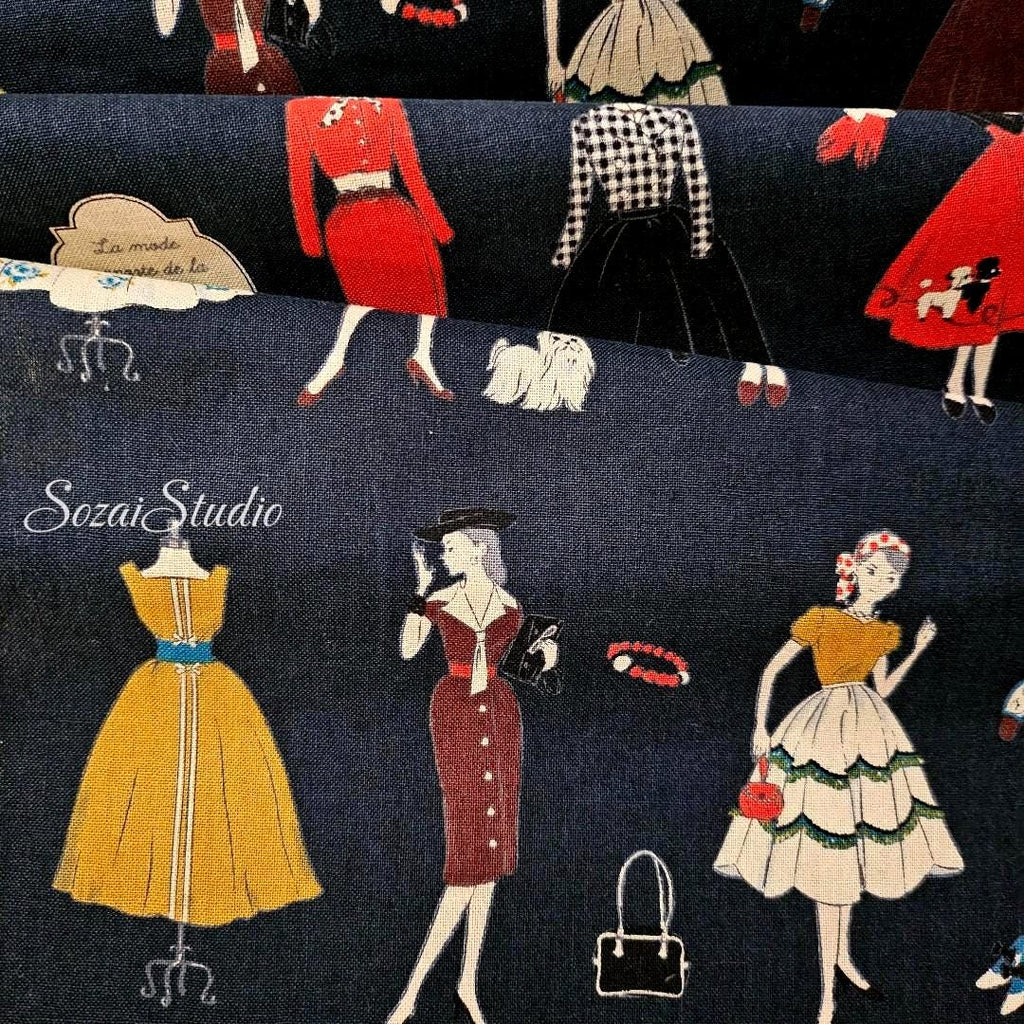 KOKO SEKI Japanese Cotton Fabric: Retro Girls Print, Navy, by the yard