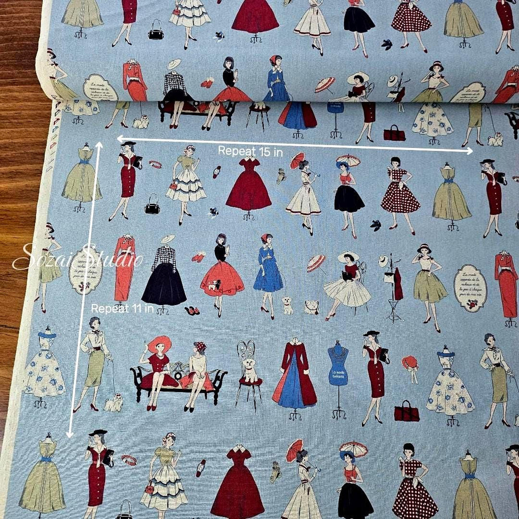 KOKO SEKI Japanese Cotton Fabric: 1970s Retro Print, Blue, by Yard