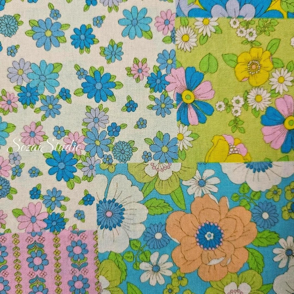1 Yard Retro Floral Pattern : 100% Cotton Print, Blue