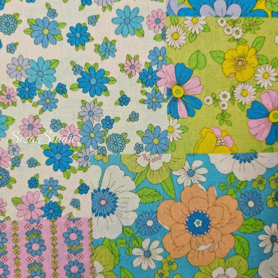 1 Yard Retro Floral Pattern : 100% Cotton Print, Blue