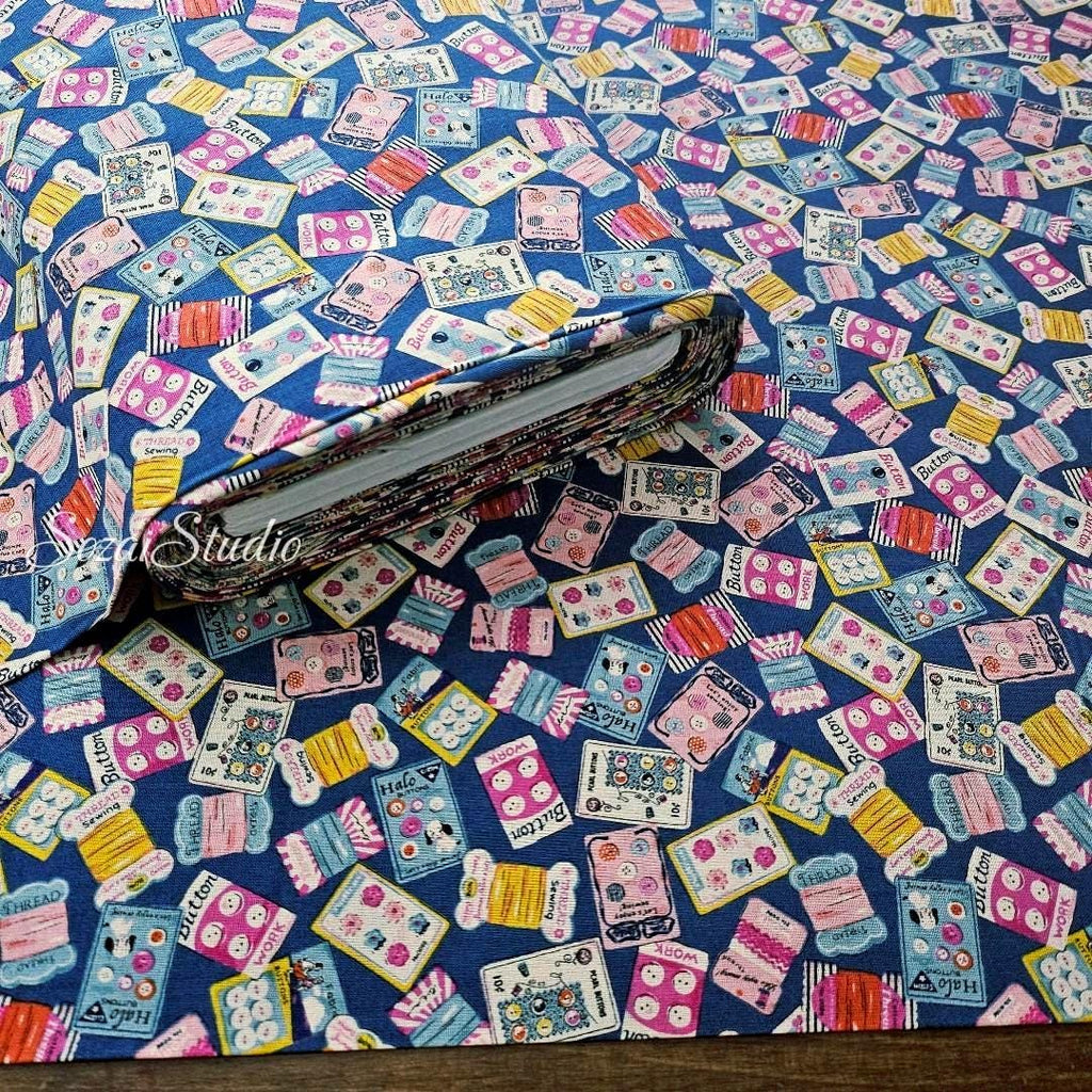 Koko Seki Japanese Cotton fabric : Retro Sewing Notions Tossed design, Blue - by Yard