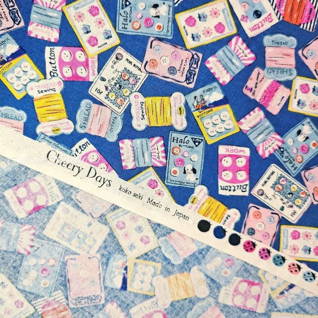 Koko Seki Japanese Cotton fabric : Retro Sewing Notions Tossed design, Blue - by Yard