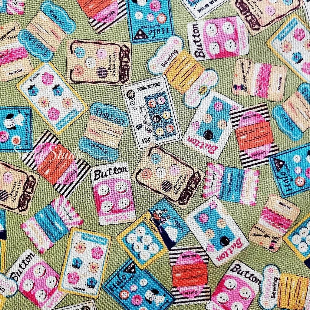 Koko Seki Japanese Cotton fabric : Retro Sewing Notions Tossed design, Khaki - by the Yard