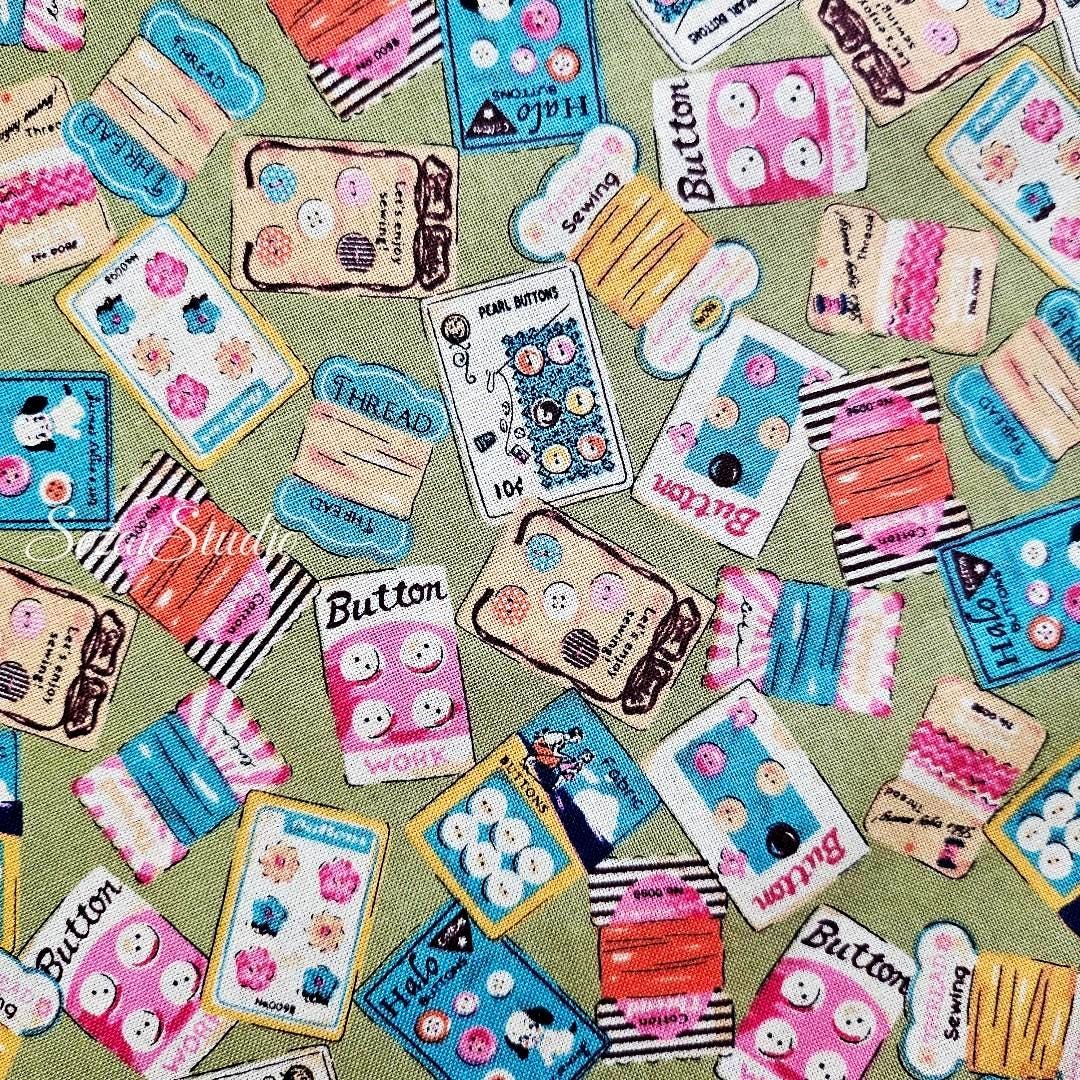 Koko Seki Japanese Cotton fabric : Retro Sewing Notions Tossed design, Khaki - by the Yard