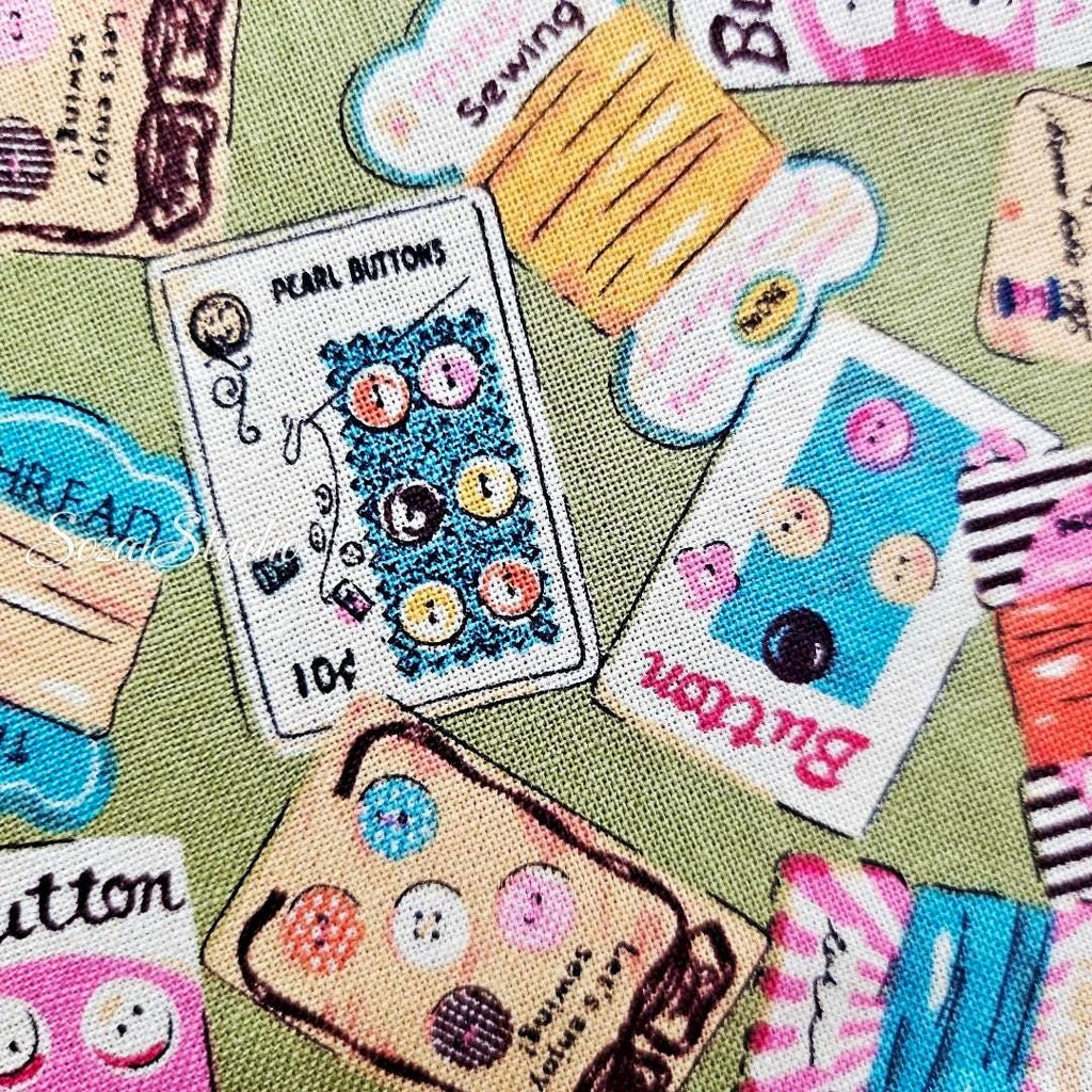 Koko Seki Japanese Cotton fabric : Retro Sewing Notions Tossed design, Khaki - by the Yard