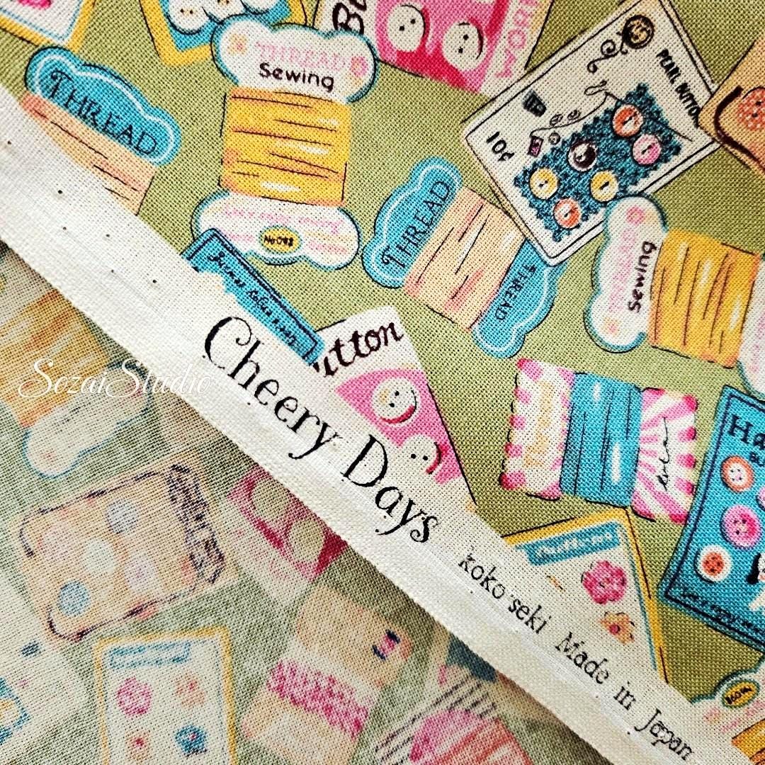 Koko Seki Japanese Cotton fabric : Retro Sewing Notions Tossed design, Khaki - by the Yard