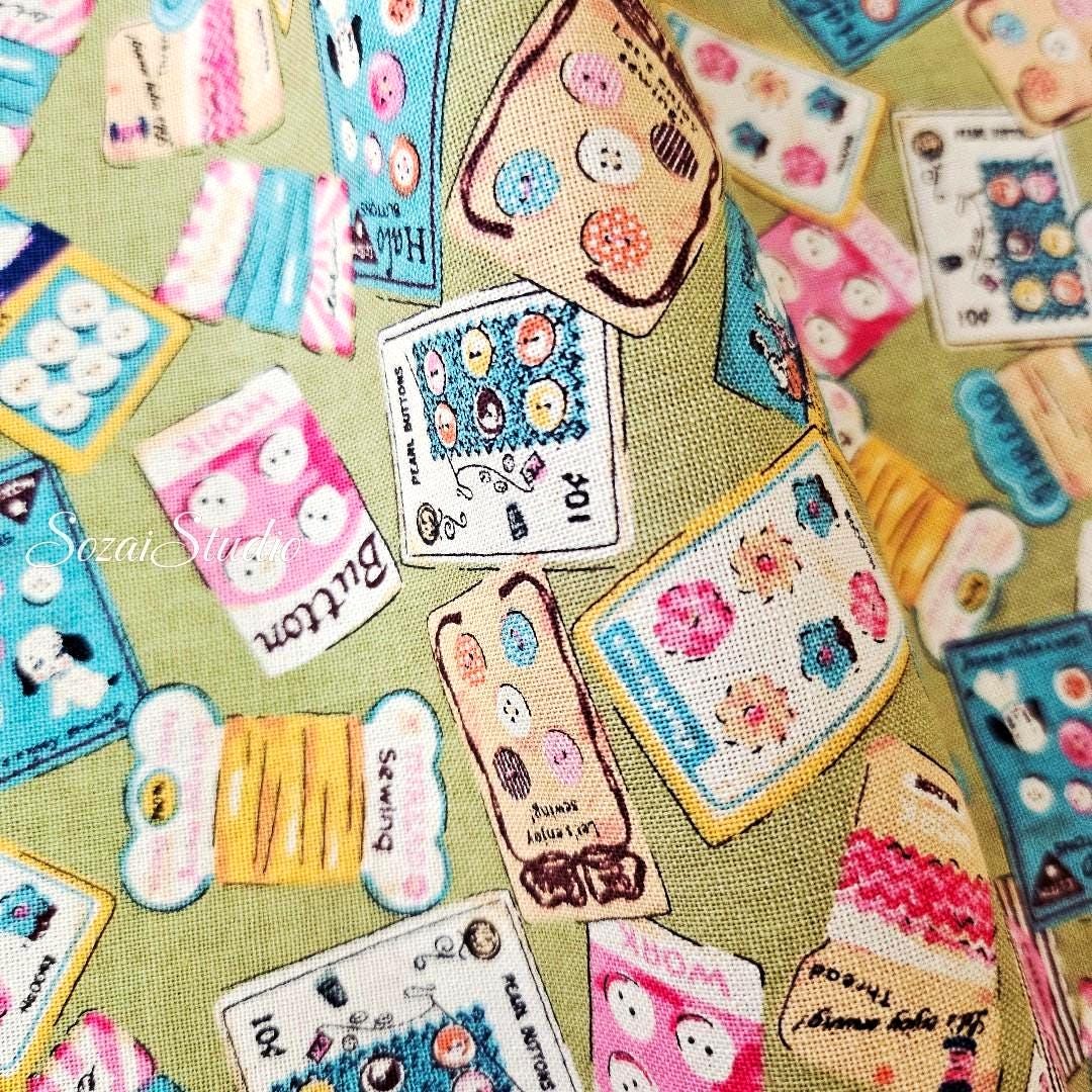 Koko Seki Japanese Cotton fabric : Retro Sewing Notions Tossed design, Khaki - by the Yard