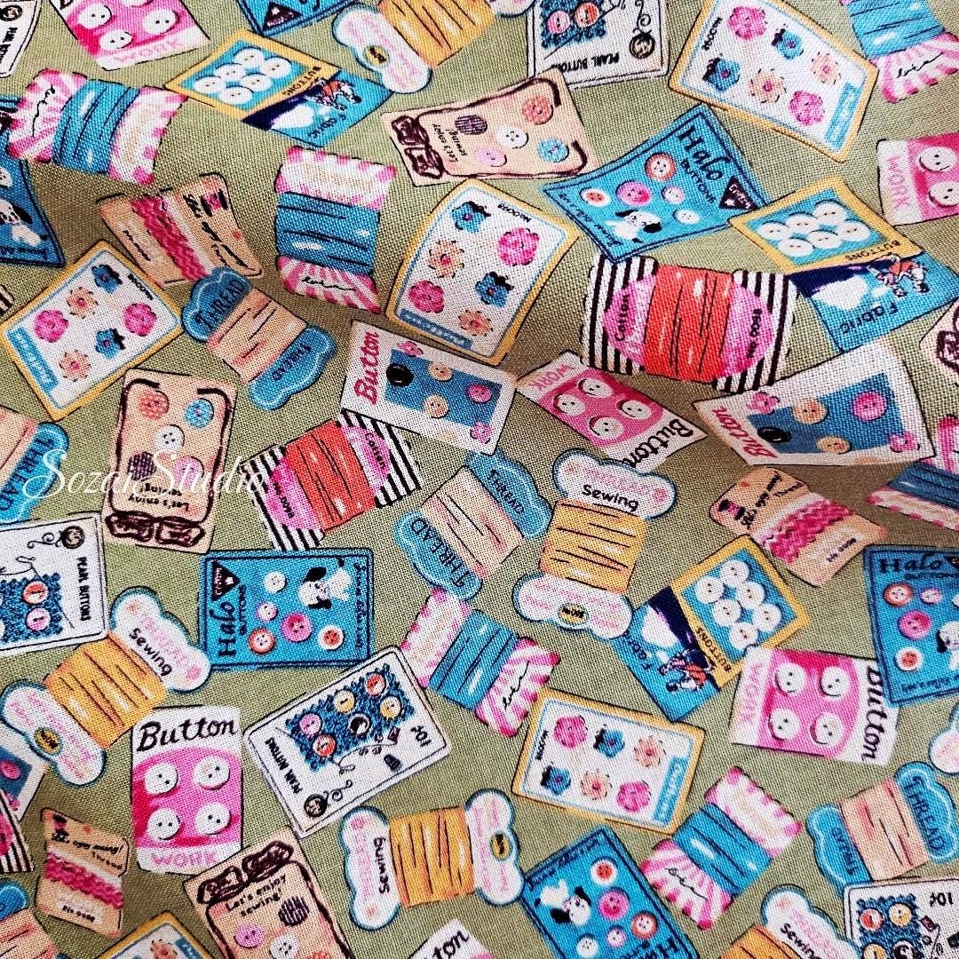 Koko Seki Japanese Cotton fabric : Retro Sewing Notions Tossed design, Khaki - by the Yard