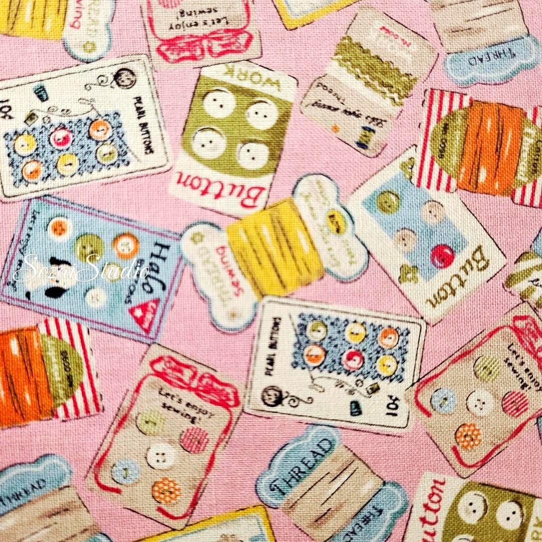 Koko Seki Japanese Cotton fabric : Retro Sewing Notions Tossed design, Pink - by the Yard
