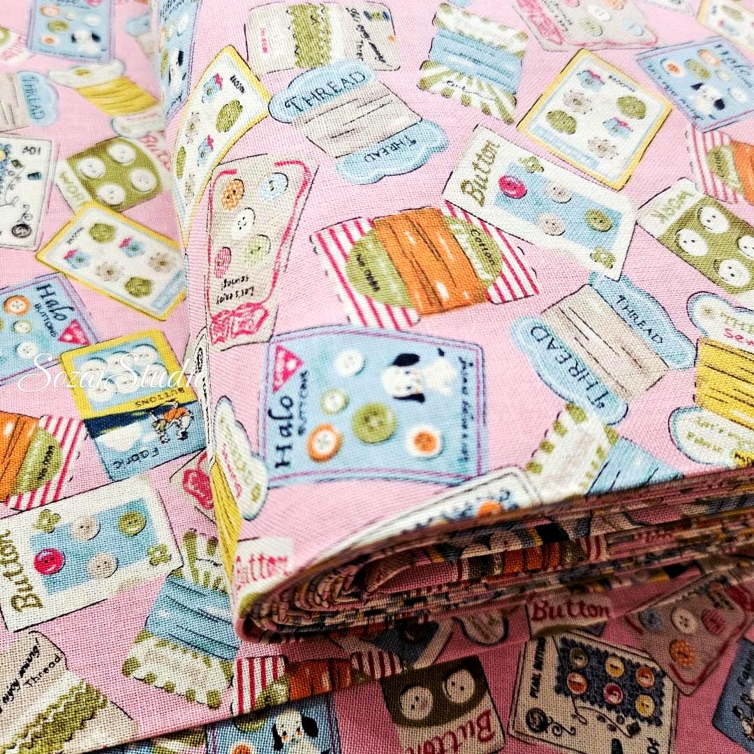 Koko Seki Japanese Cotton fabric : Retro Sewing Notions Tossed design, Pink - by the Yard