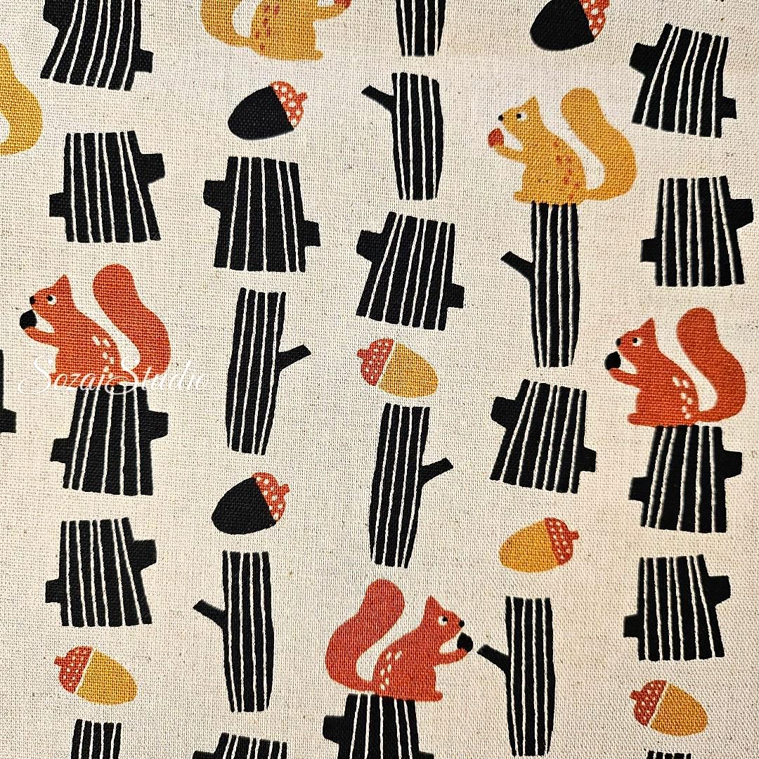 Japanese fabric - Adorable Yellow Squirrel and Acorn - Navy, Linen Blend Canvas, by yard