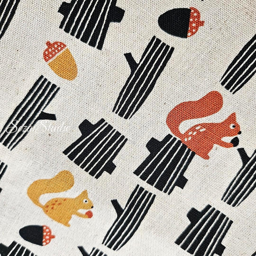 Japanese fabric - Adorable Yellow Squirrel and Acorn - Navy, Linen Blend Canvas, by yard