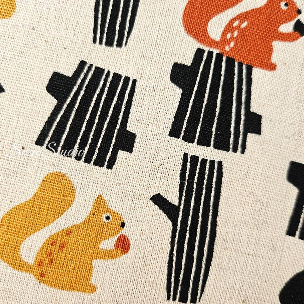 Japanese fabric - Adorable Yellow Squirrel and Acorn - Navy, Linen Blend Canvas, by yard