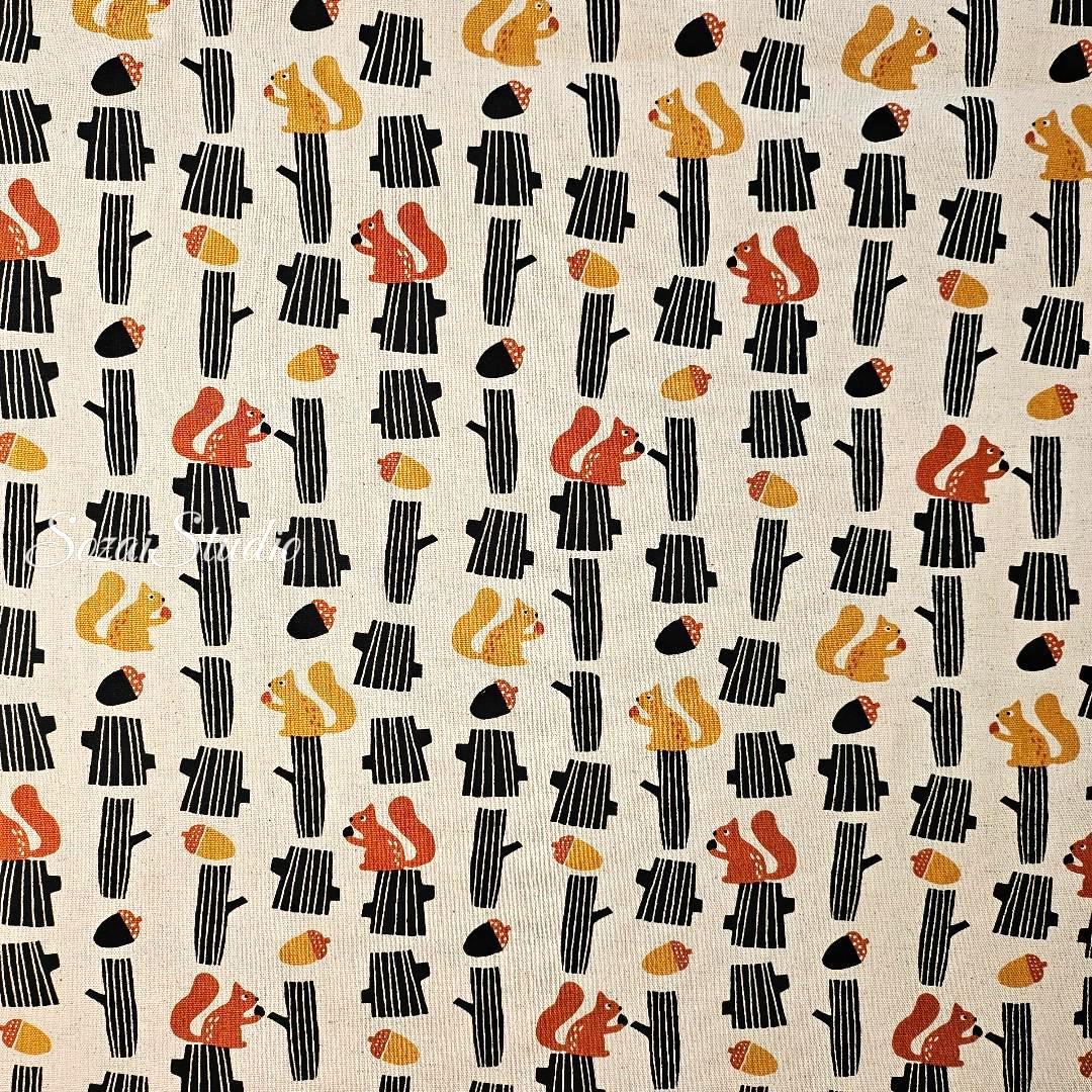 Japanese fabric - Adorable Yellow Squirrel and Acorn - Navy, Linen Blend Canvas, by yard