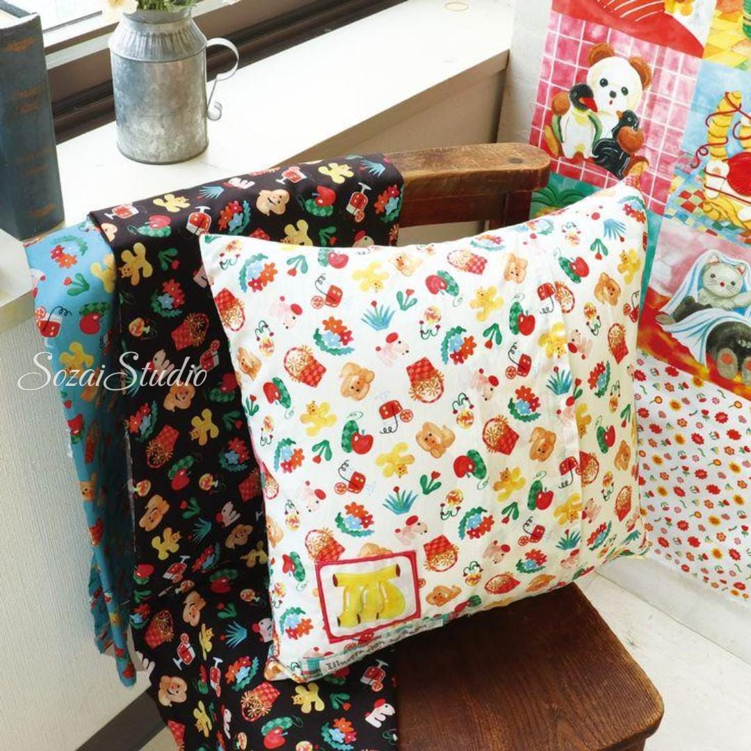 Japanese fabric - Retro style Picnic dog, Black - 100% Cotton Printed Sheeting, by the yard