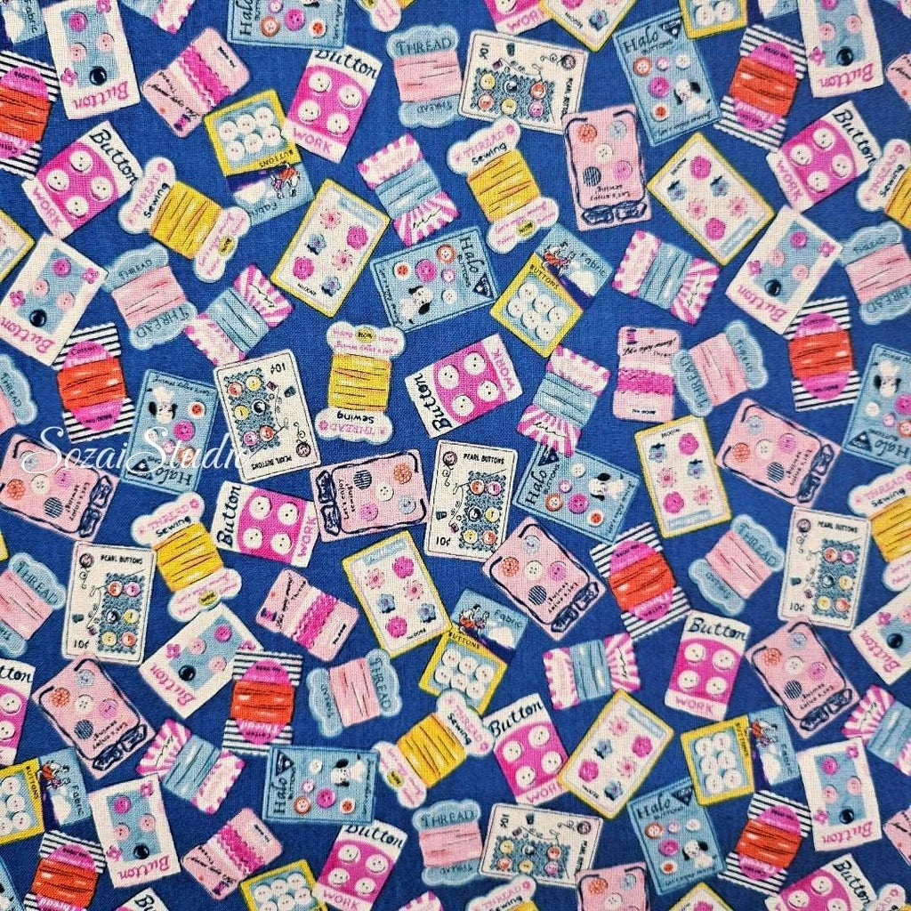 Koko Seki Japanese Cotton fabric : Retro Sewing Notions Tossed design, Blue - by Yard