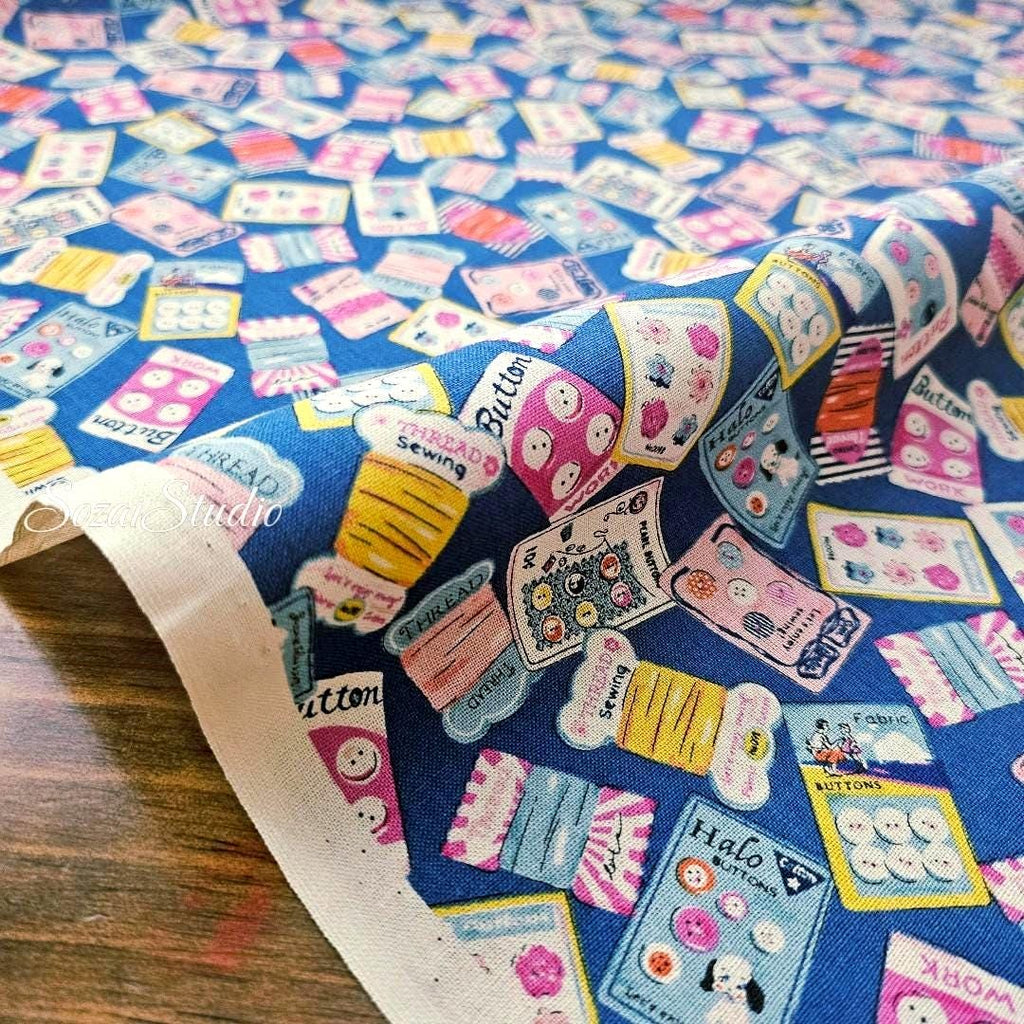 Koko Seki Japanese Cotton fabric : Retro Sewing Notions Tossed design, Blue - by Yard