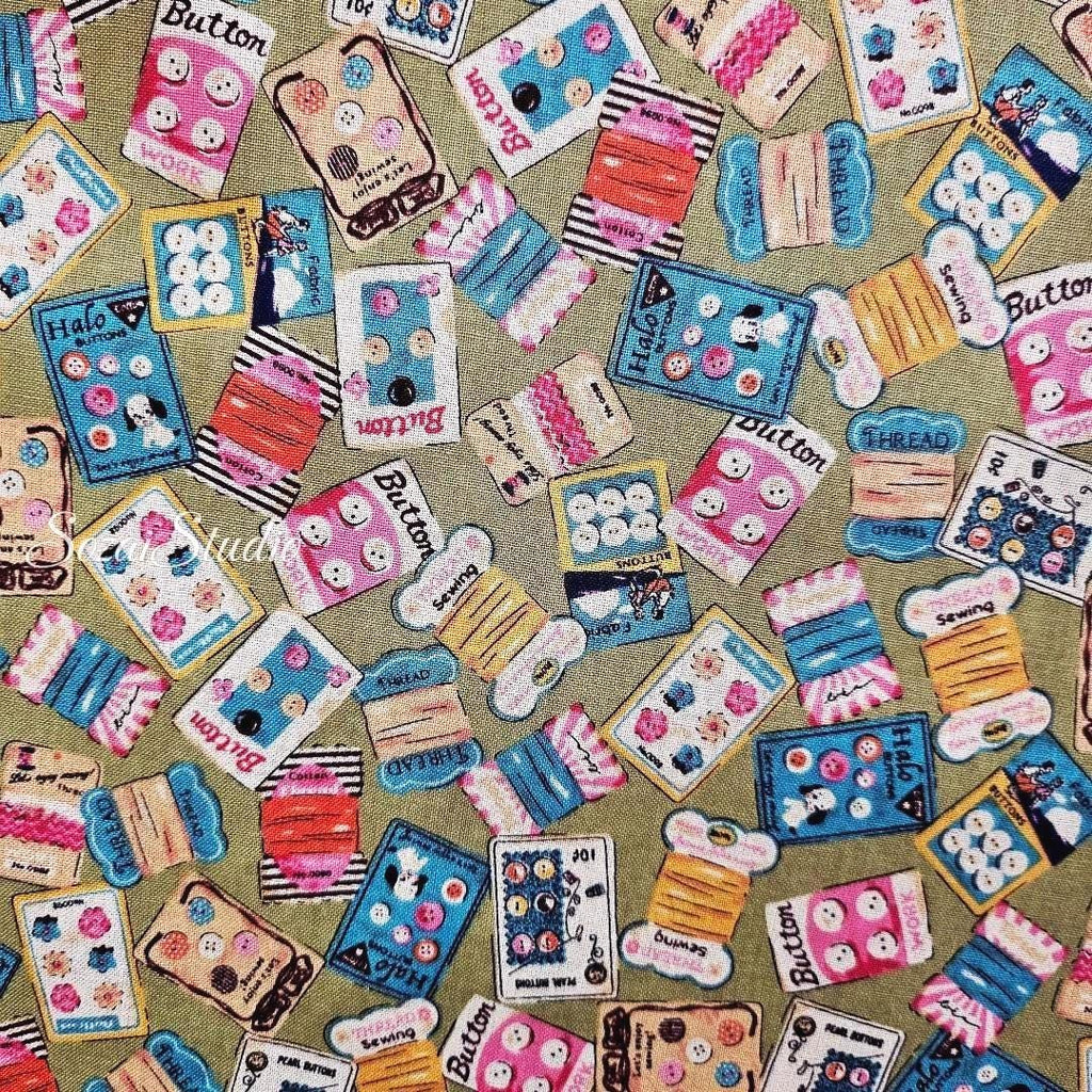 Koko Seki Japanese Cotton fabric : Retro Sewing Notions Tossed design, Khaki - by the Yard