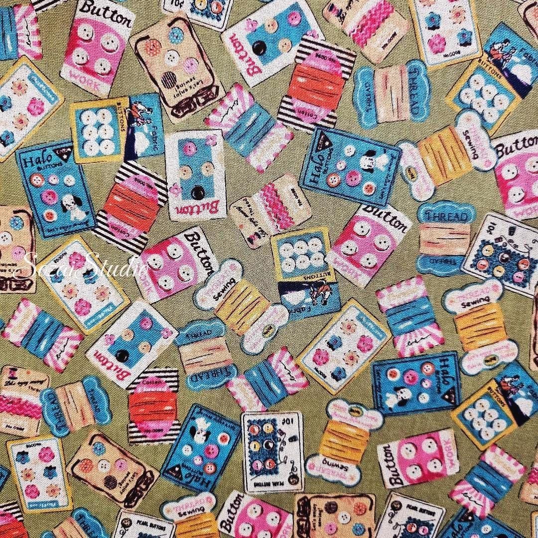 Koko Seki Japanese Cotton fabric : Retro Sewing Notions Tossed design, Khaki - by the Yard