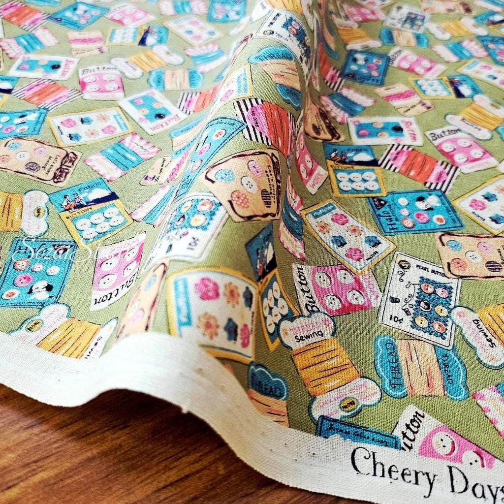 Koko Seki Japanese Cotton fabric : Retro Sewing Notions Tossed design, Khaki - by the Yard