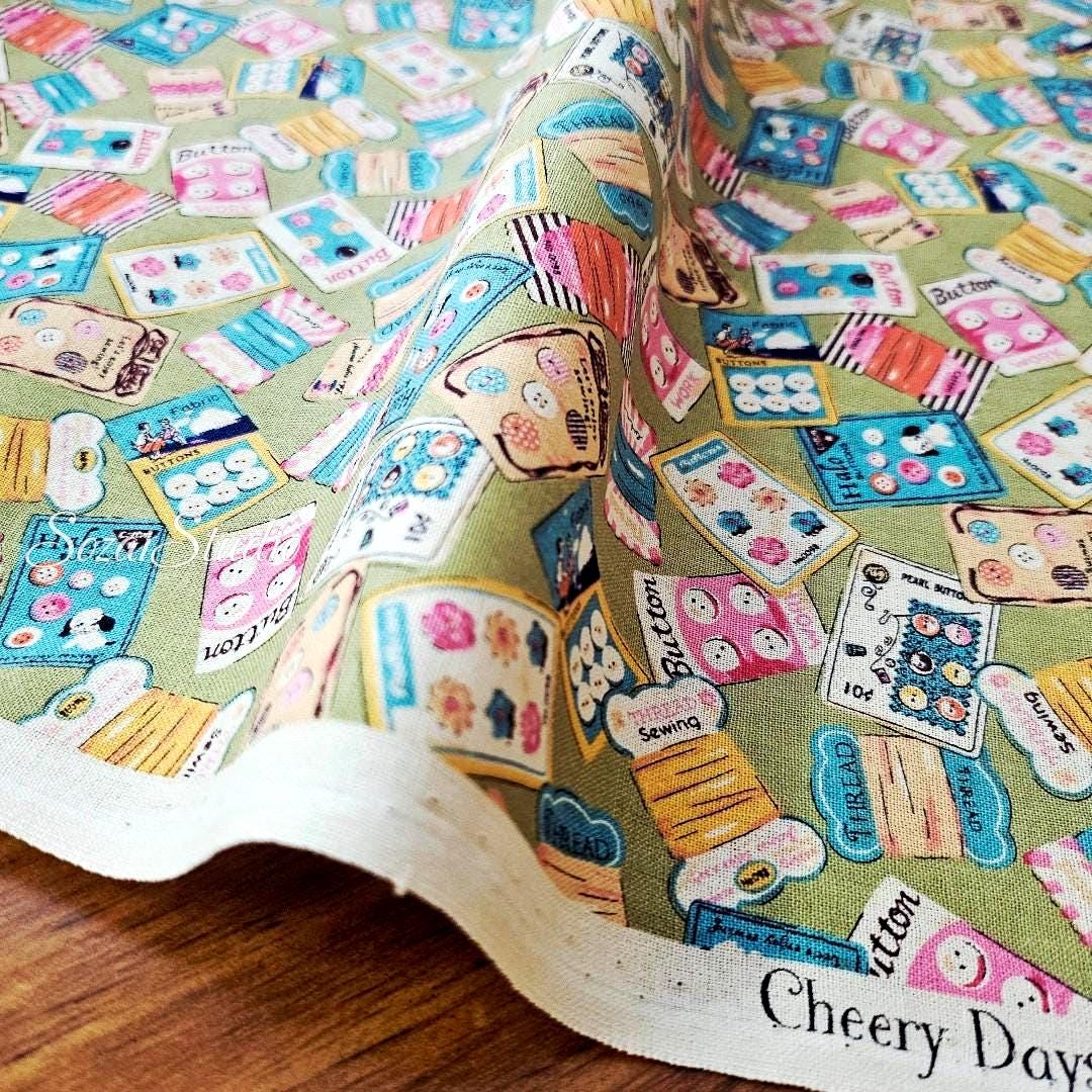 Koko Seki Japanese Cotton fabric : Retro Sewing Notions Tossed design, Khaki - by the Yard