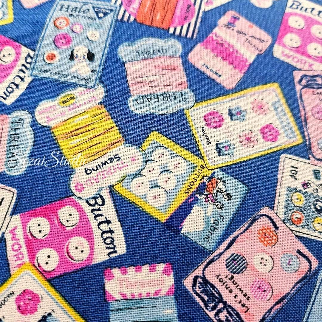 Koko Seki Japanese Cotton fabric : Retro Sewing Notions Tossed design, Blue - by Yard