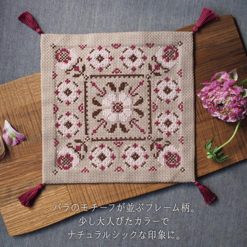 Olympus : Folklore Patterns Cross-Stitch Kit, Rose Frame Pattern, Japanese Craft kit