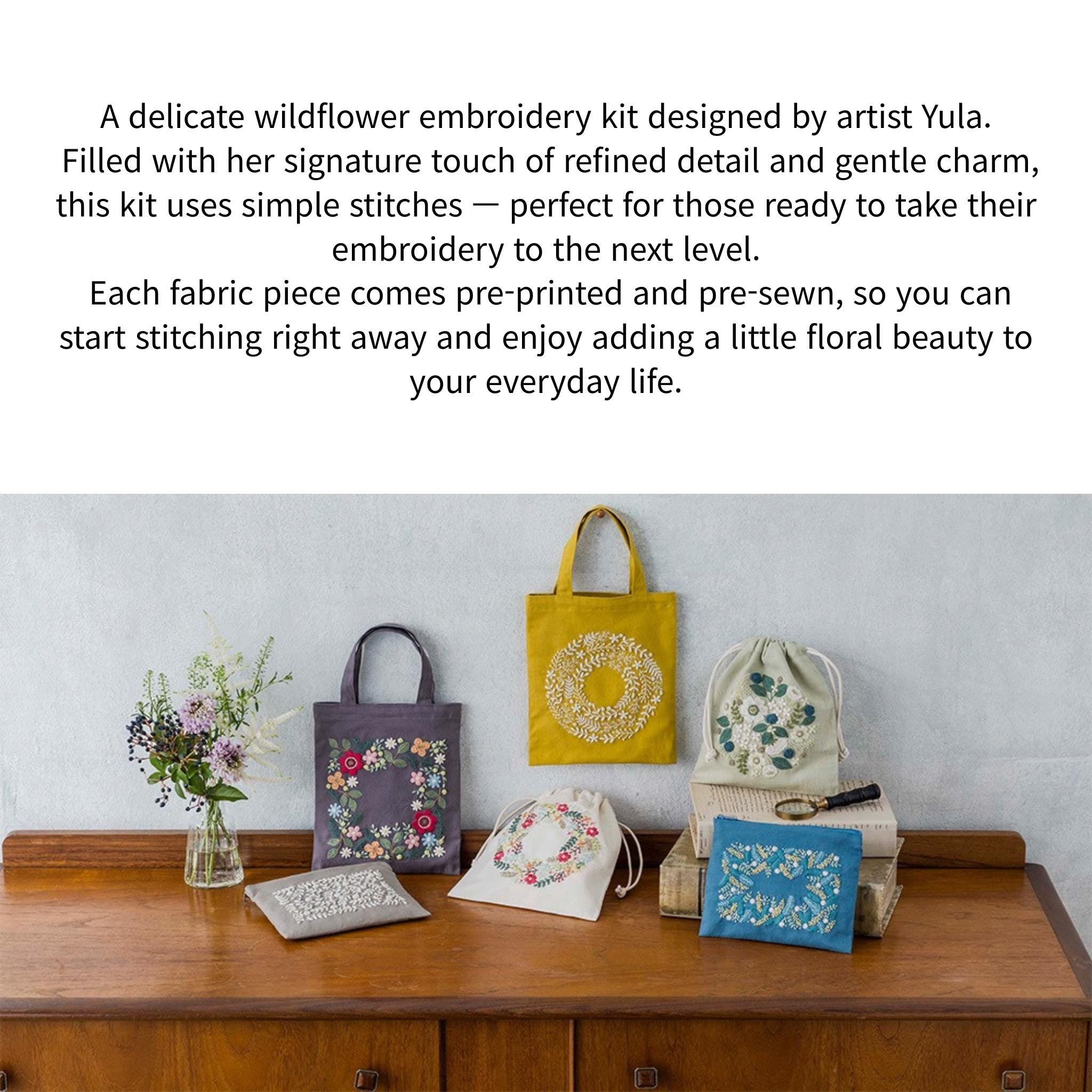 Japanese DIY KIT - Cosmo Embroidery Handicraft kit : Small Flower Wreath, Drawstring pouch