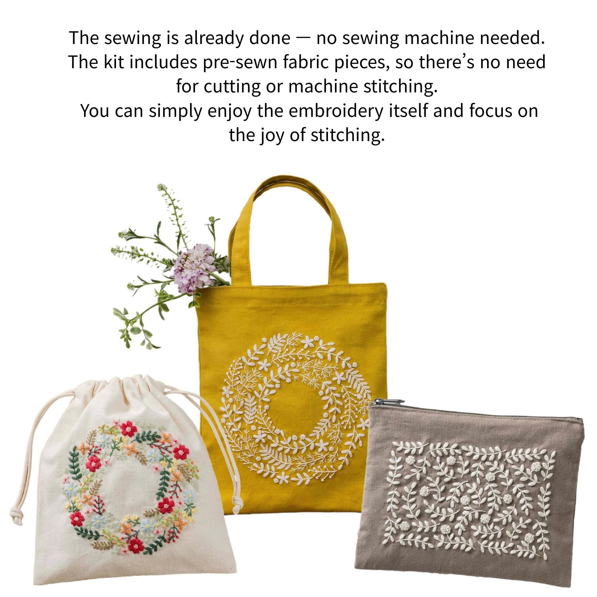 Japanese DIY KIT - Cosmo Embroidery Handicraft kit : Small Flower Wreath, Drawstring pouch