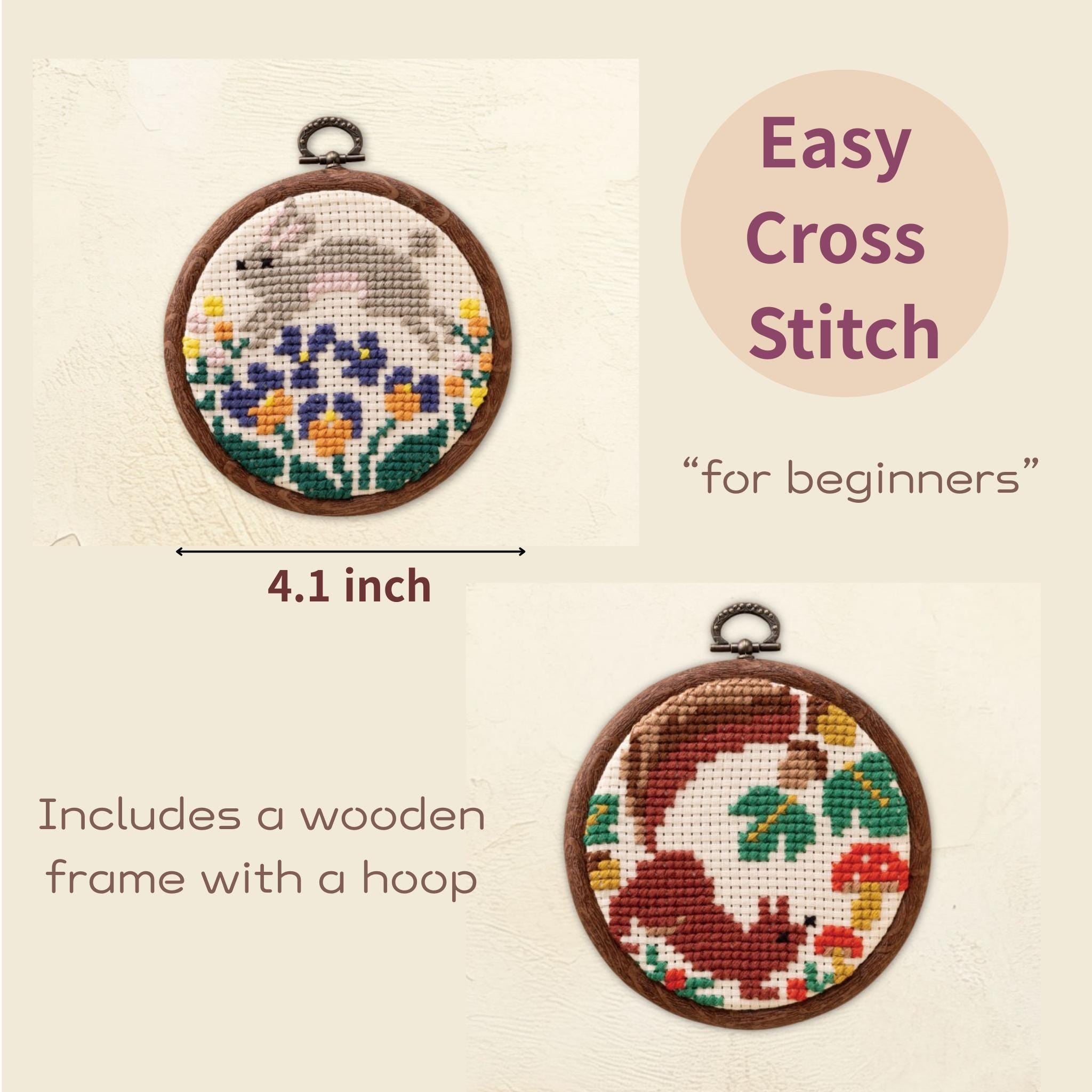 Olympus Embroidery Kit : Easy Cross-Stitch - Forest Rabbit Jumping in a Flower Field, Japanese Craft