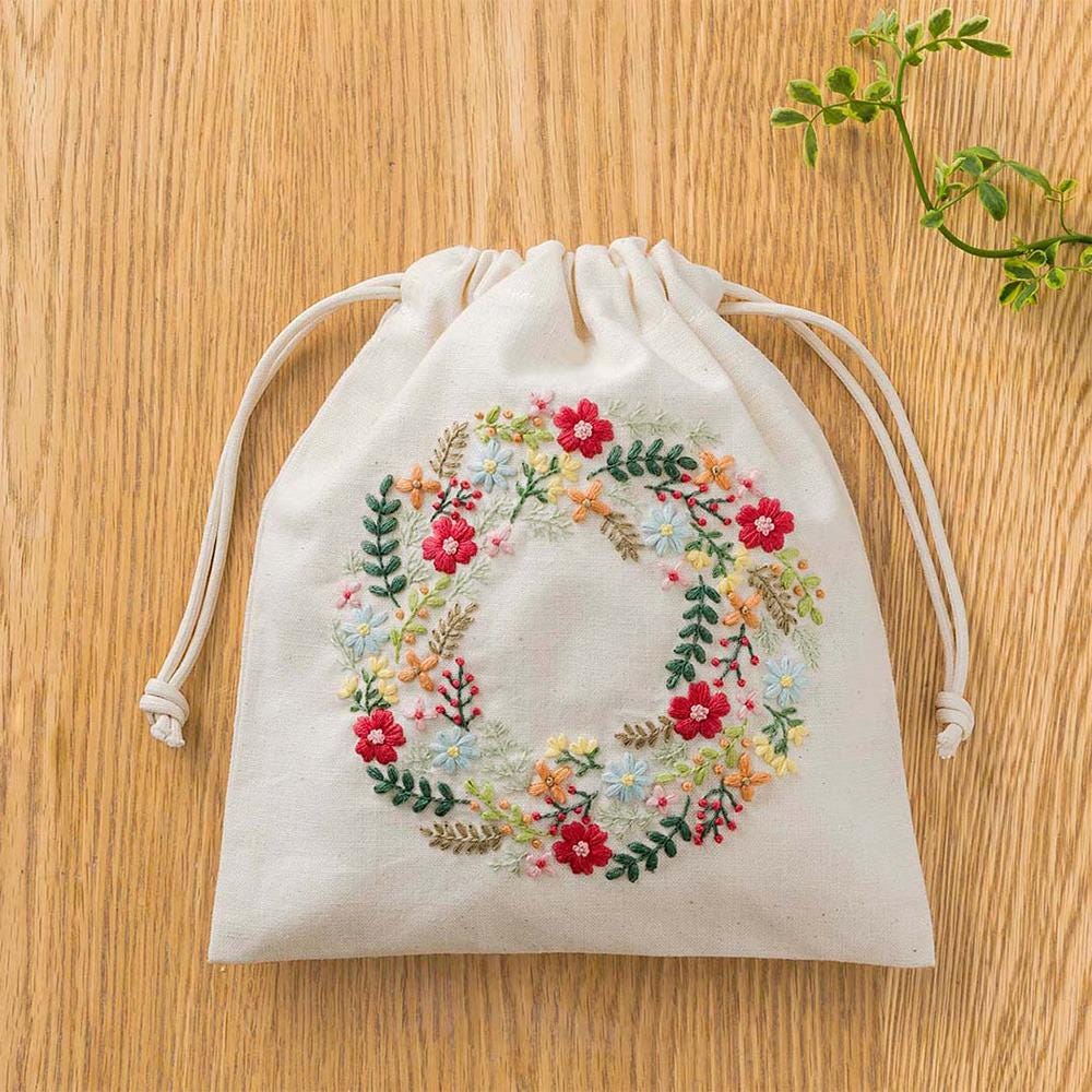 Japanese DIY KIT - Cosmo Embroidery Handicraft kit : Small Flower Wreath, Drawstring pouch