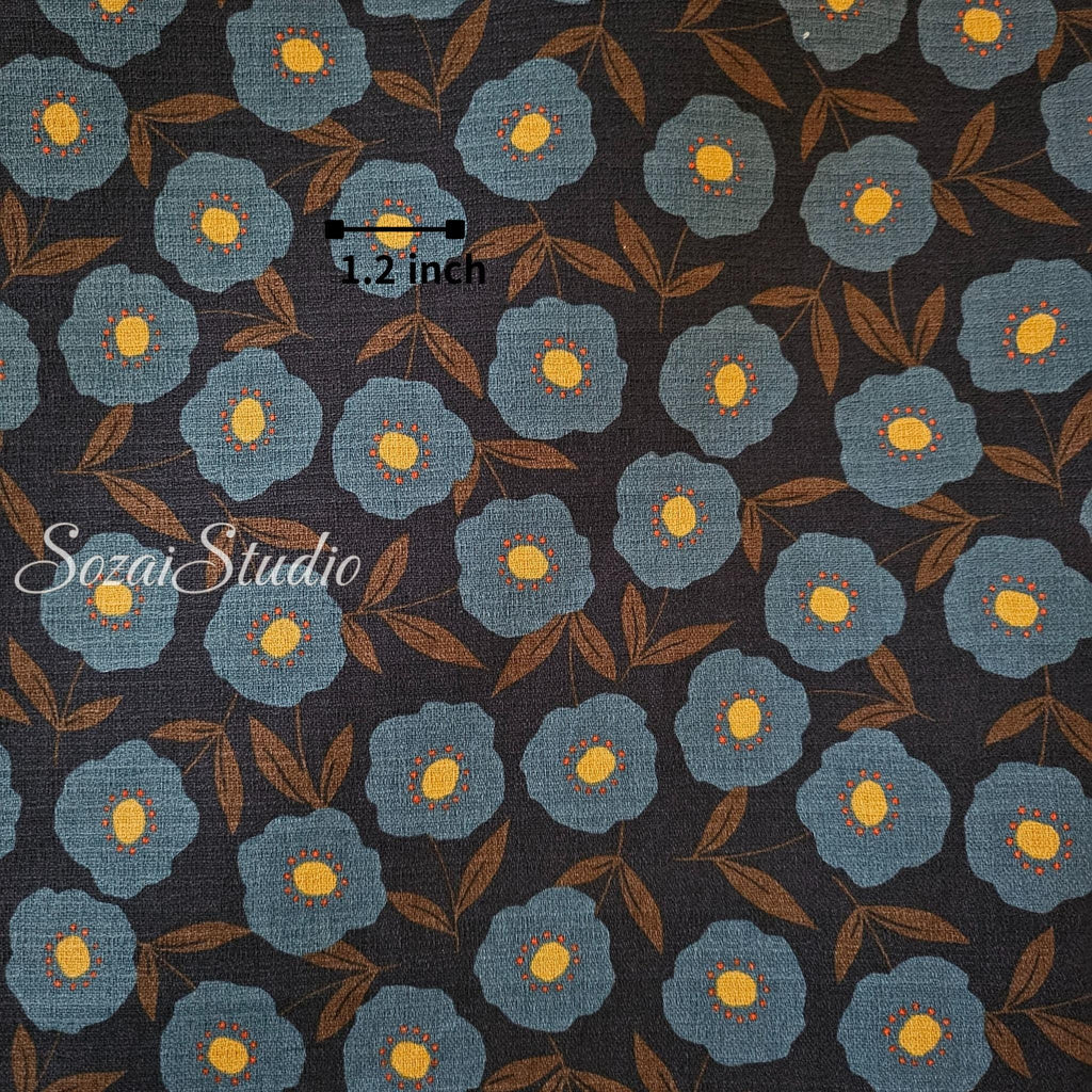 Japanese Nordic Floral Cotton Dobby Fabric, Retro Print - Brown