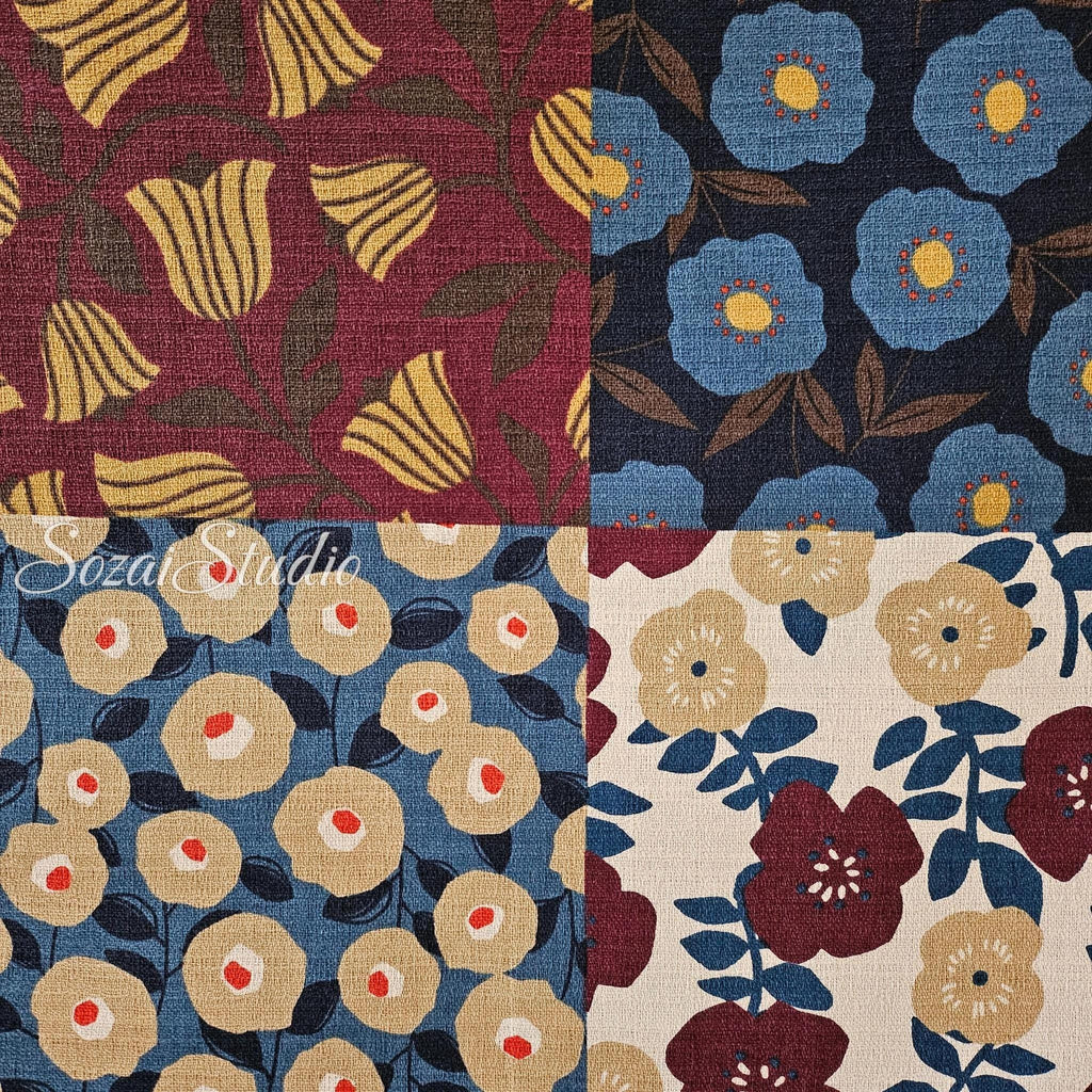 Japanese Nordic Floral Cotton Dobby Fabric, Retro Print - Brown