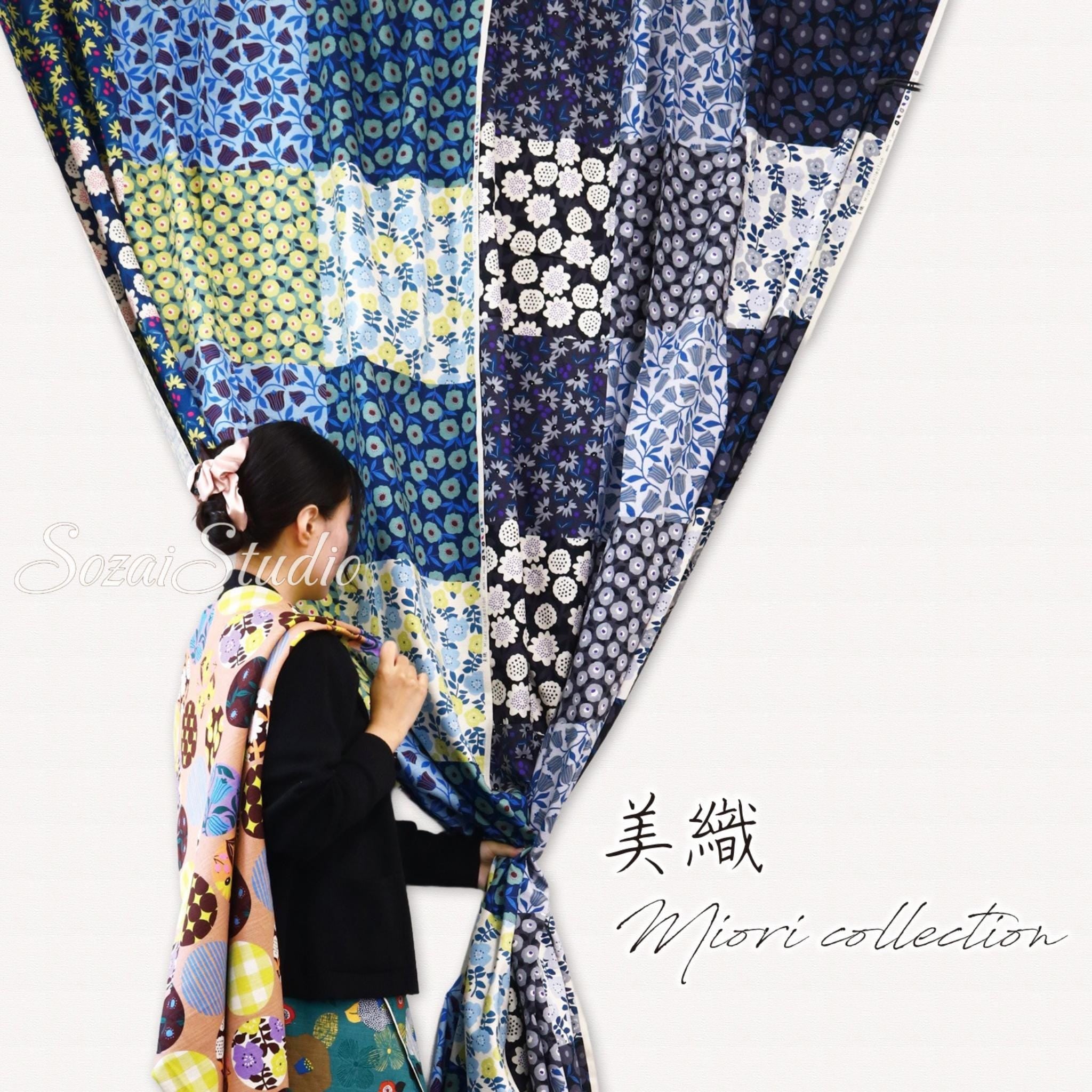 Japanese fabric : Miori Collection, Patchwork Print Fabric Cotton Dobby 6 Panel, Multi colors