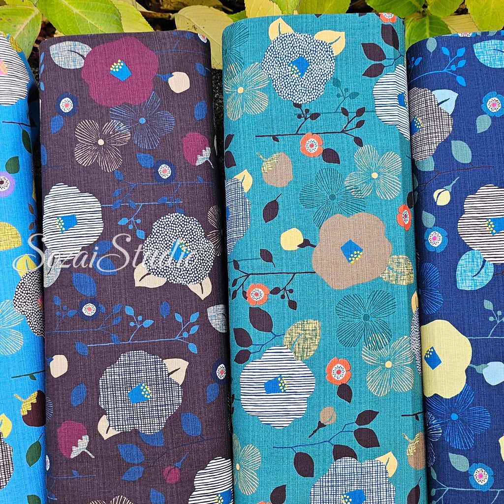 1 Yard Japan imported, Dobby Cotton 100% - Camellia and Poppy flowers, Green