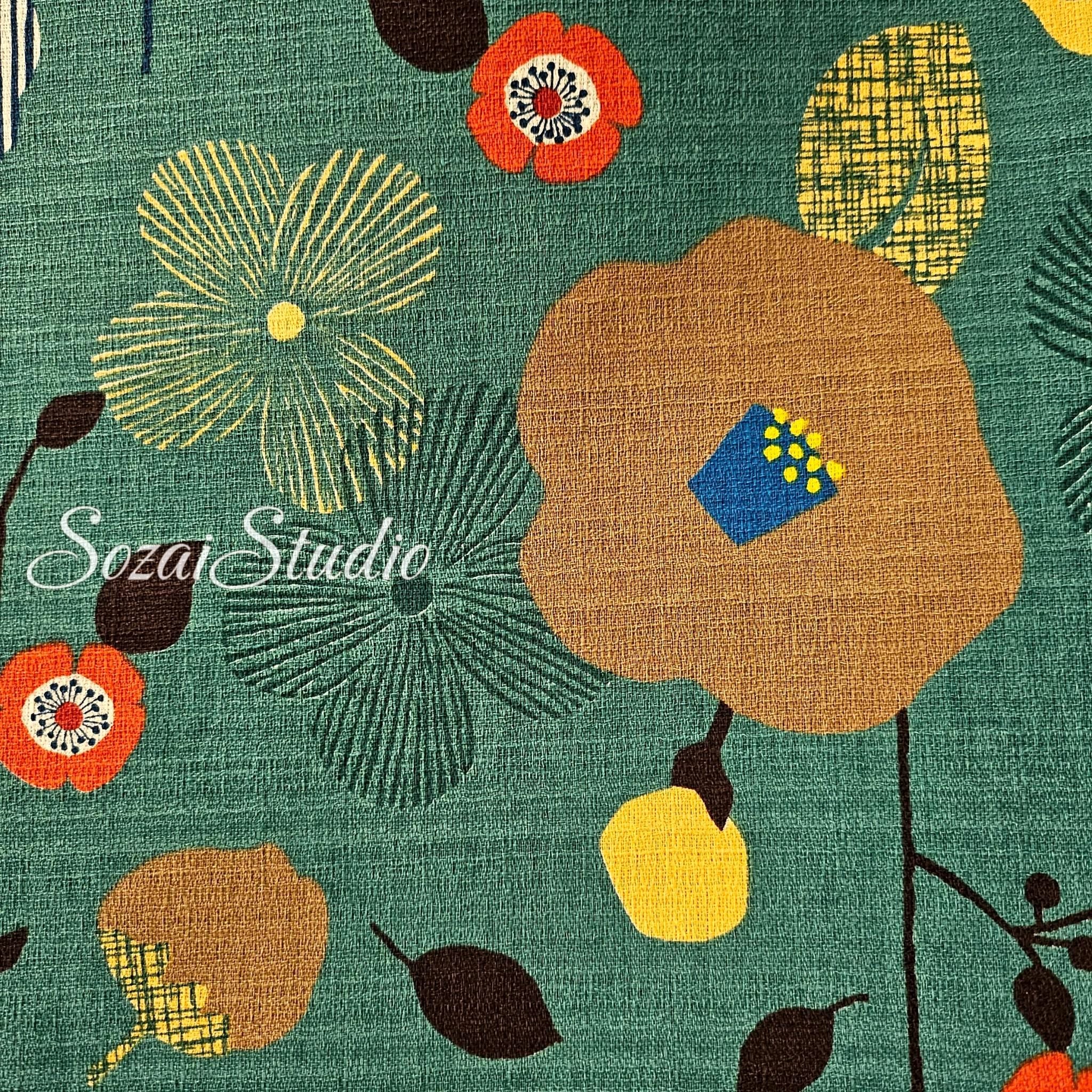 1 Yard Japan imported, Dobby Cotton 100% - Camellia and Poppy flowers, Green