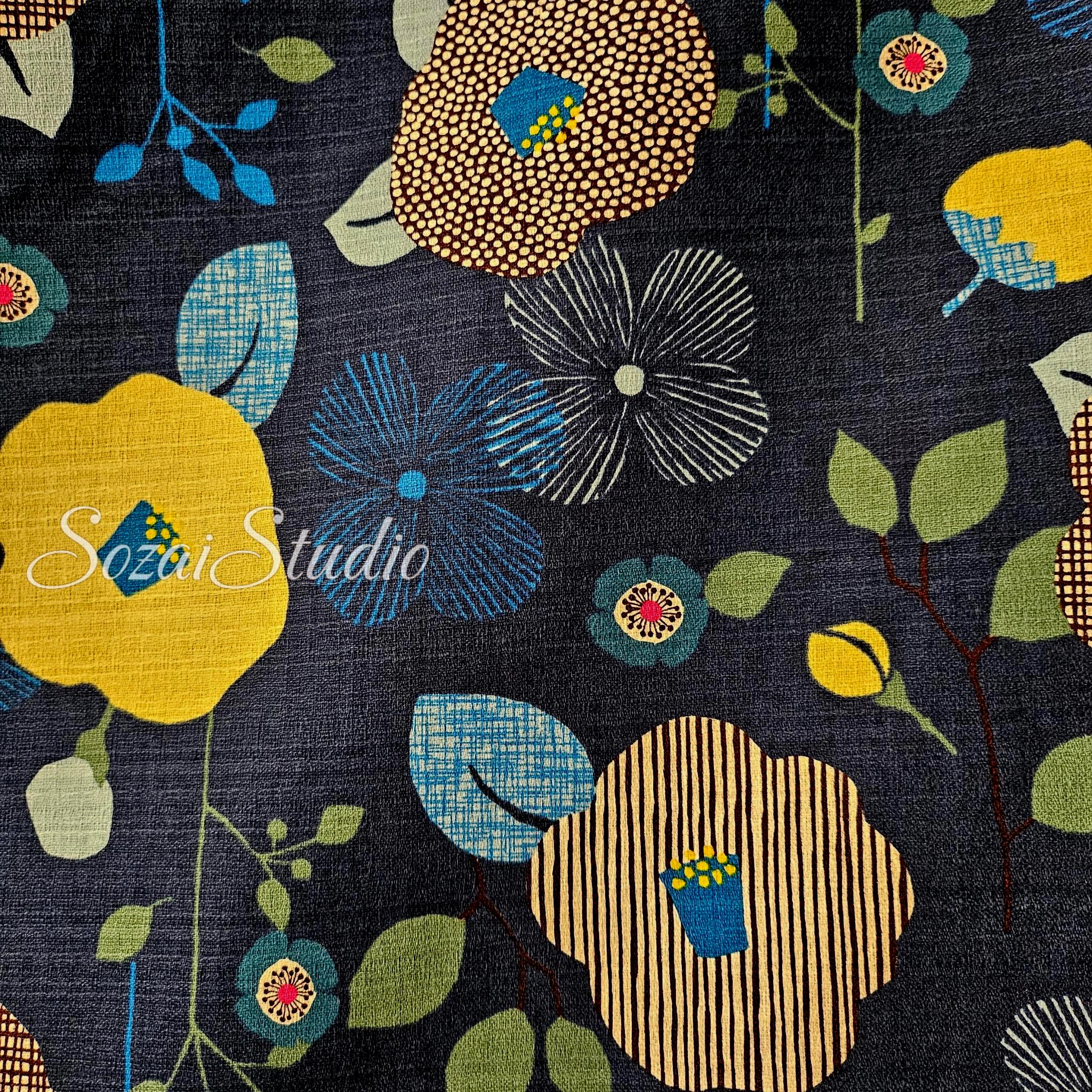 1 Yard Japan imported, Dobby Cotton 100% - Camellia and Poppy flowers, Navy