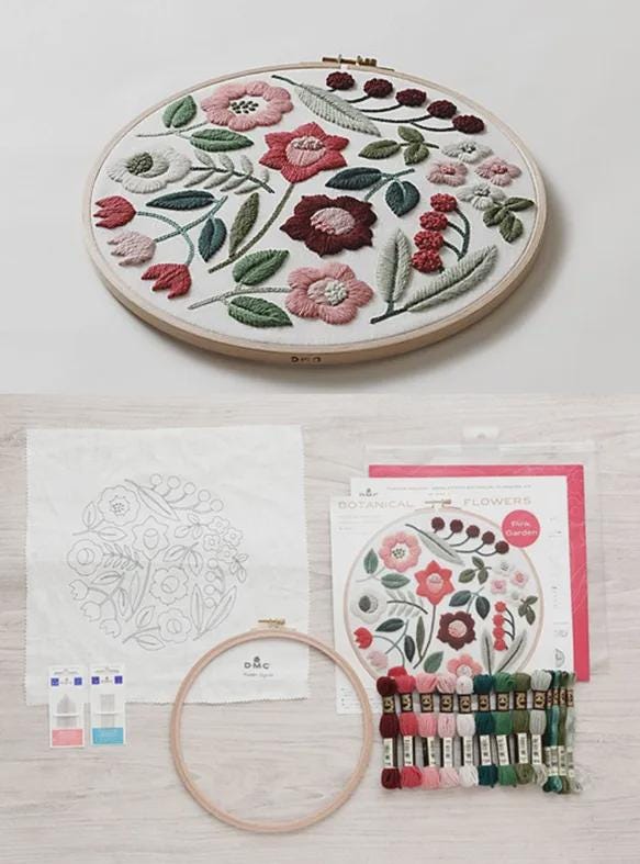 Japan Craft - DMC Embroidery kit, Yumiko Higuchi, Wool Stitching, Botanical Flower Pink Garden