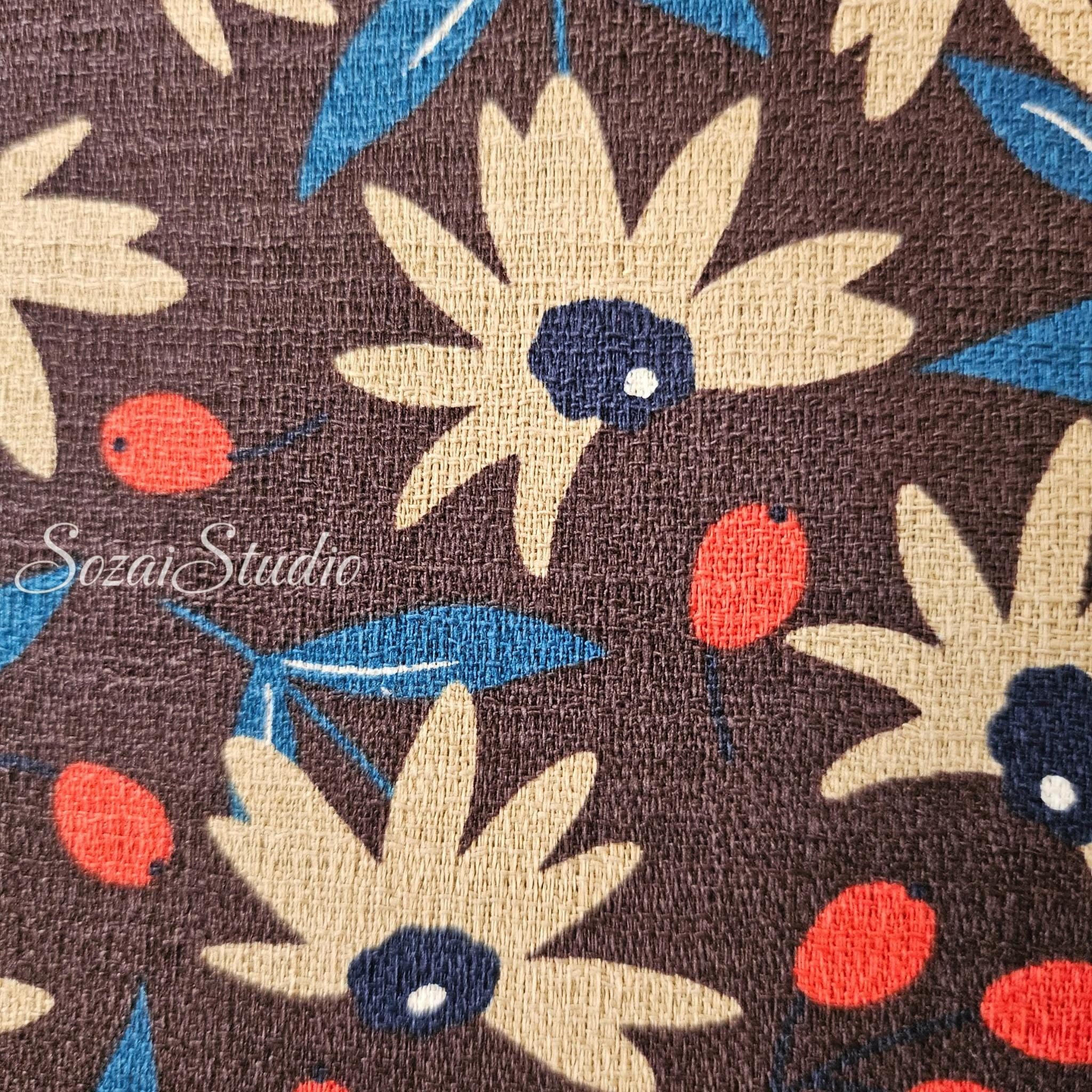 Japanese Nordic Floral Cotton Dobby Fabric, Retro Print - Brown